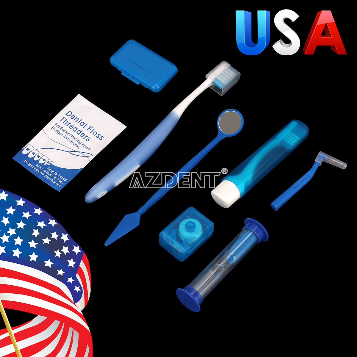 100 kits Ortho Dental Tooth brush Tie Interdental brush Floss Oral Care Kit Blue