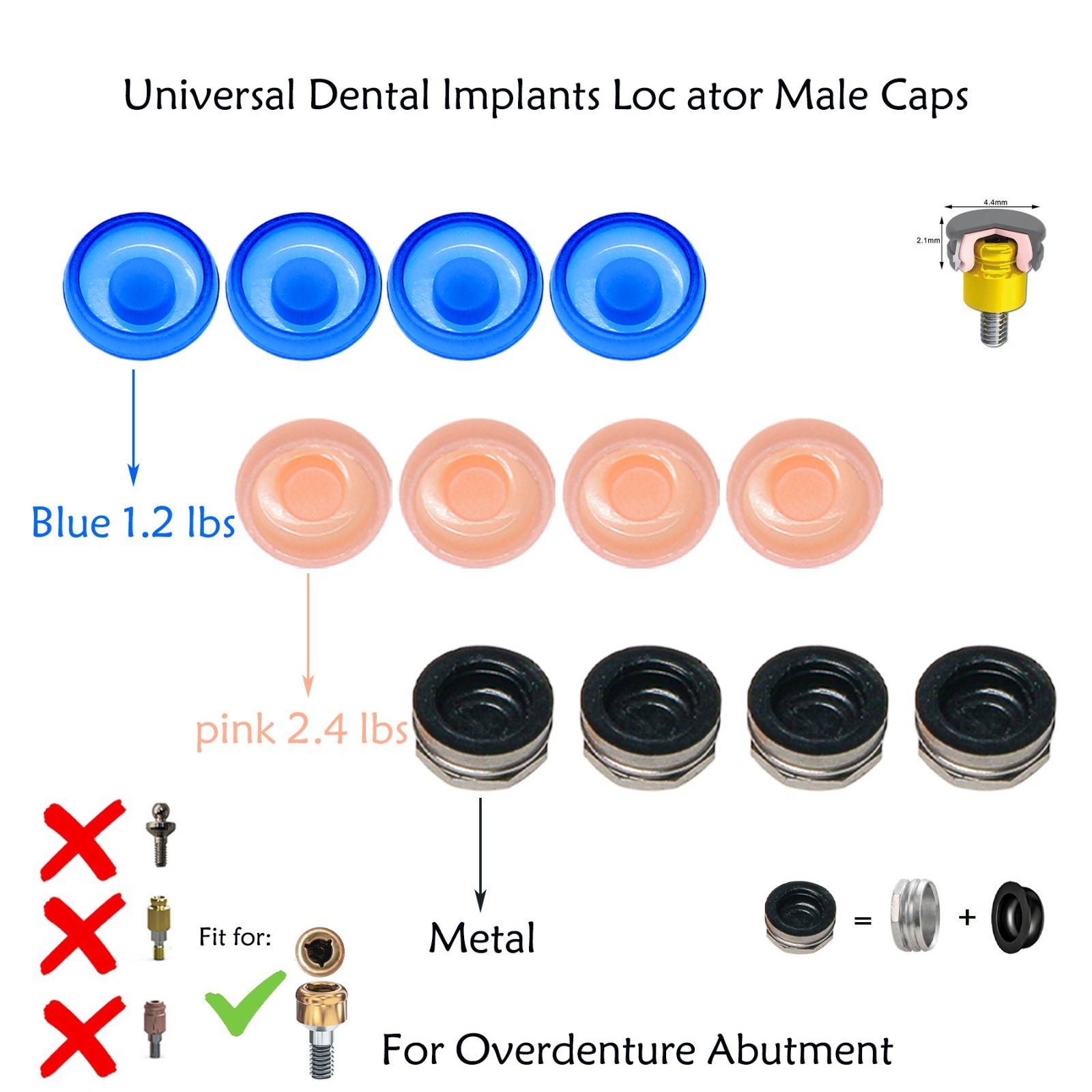 US Dental Overdenture Locator Abutment Retention Male Cap Processing Inserts Set