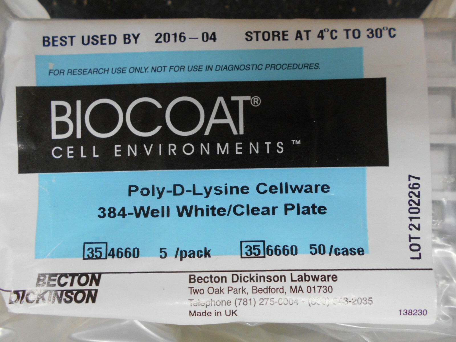 BECTON DICKINSON 354660 BIOCOAT POLY D LYSINE CELLWARE 384 WELL PLATE LOT OF 15