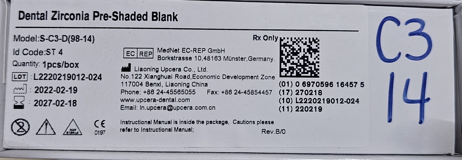 Upcera Dental Zirconia Pre-Shaded Blank C3 S-C3-D(98-14) Lab Use