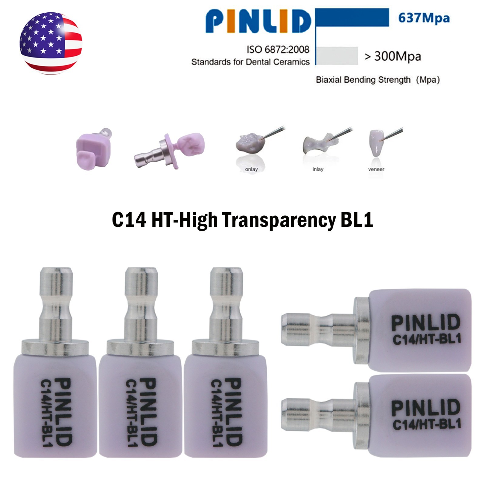 US C14 Glass Ceramic Blocks HT Lithium Disilicate CAD/CAM Cerec Blocks 5Pcs/Box