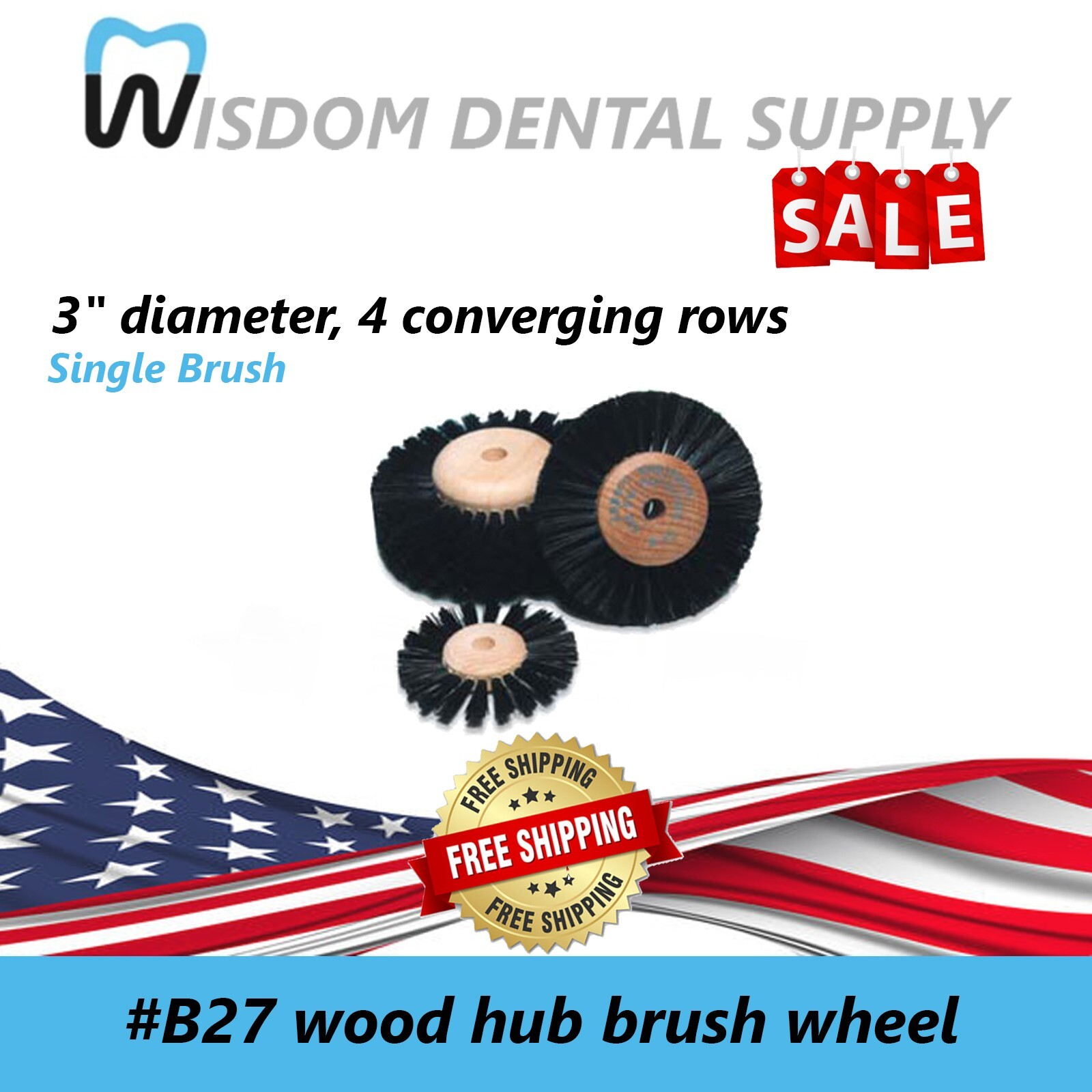 Abbott-Robinson 07260- B27 wood hub brush wheel, 3″ diameter, 4 converging rows