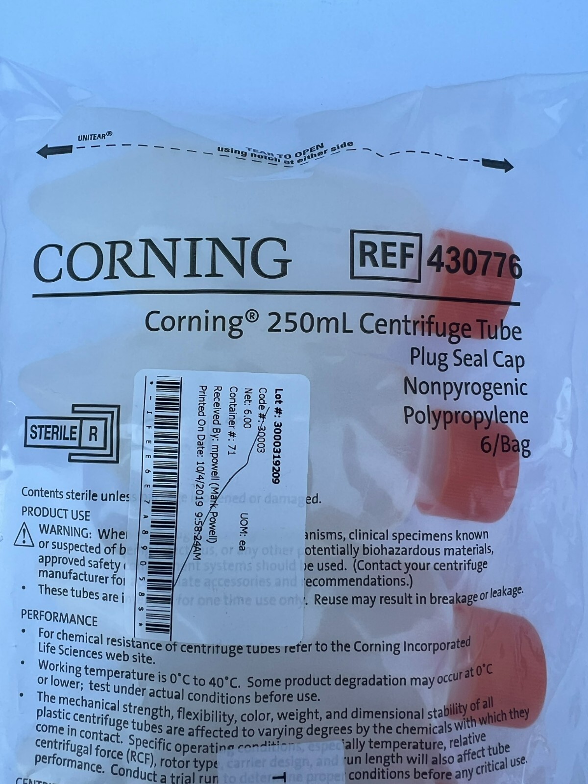 Corning 430776 – 250 mL Centrifuge Tube Plug Seal Cap – Bag of 6
