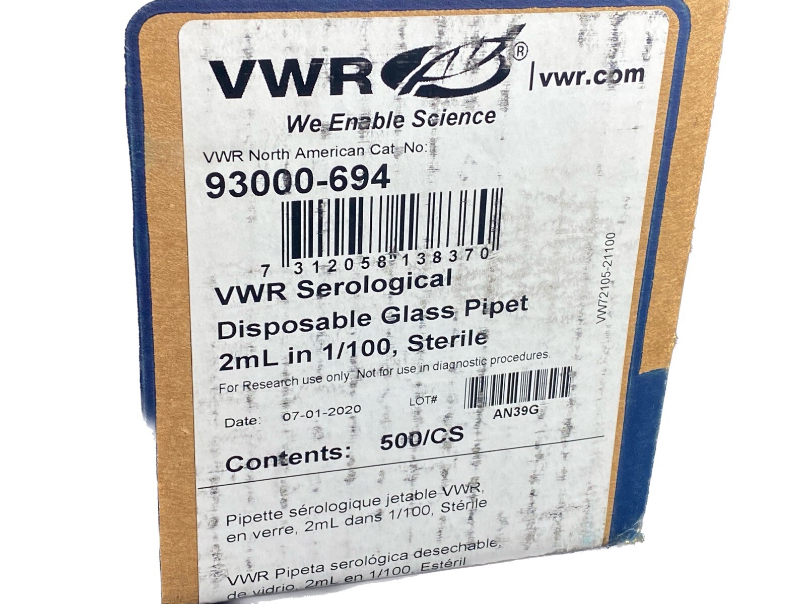 (500) VWR Scientific 2mL in 1/100 Sterile Glass Serological Pipettes 93000-694