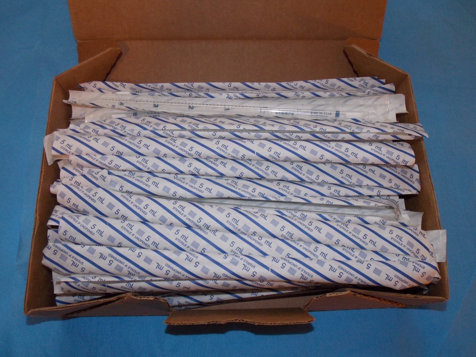 KIMBLE 5ML X 1/10ML SEROLOICAL GLASS PIPETS STERILE, PLUGGED DISPOSABLE, QTY 105
