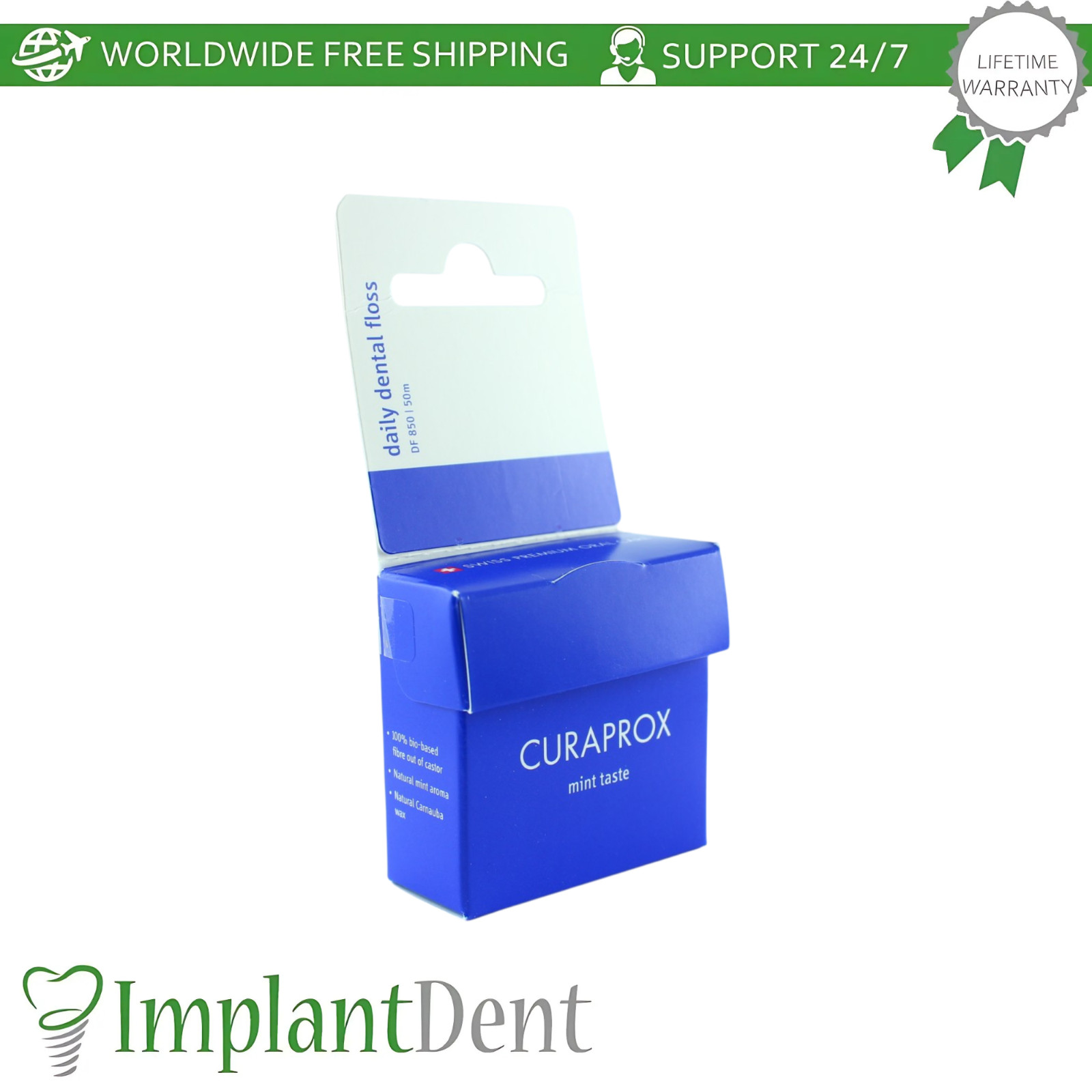 Curaprox DF 850 Daily Mint Floss 50m Dental Waxed Floss Roll with Mint Flavor