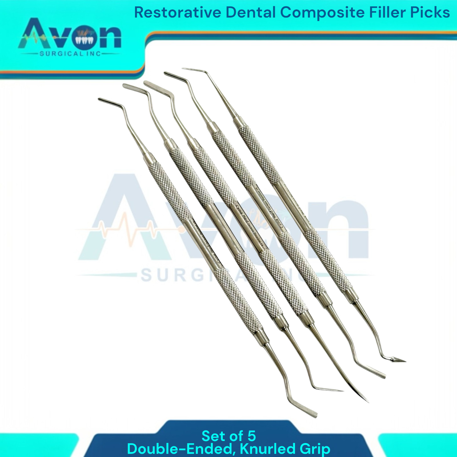 Knurled Grip, Double-Ended Dental Filling Carver Picks (5 Pack) German Stainless
