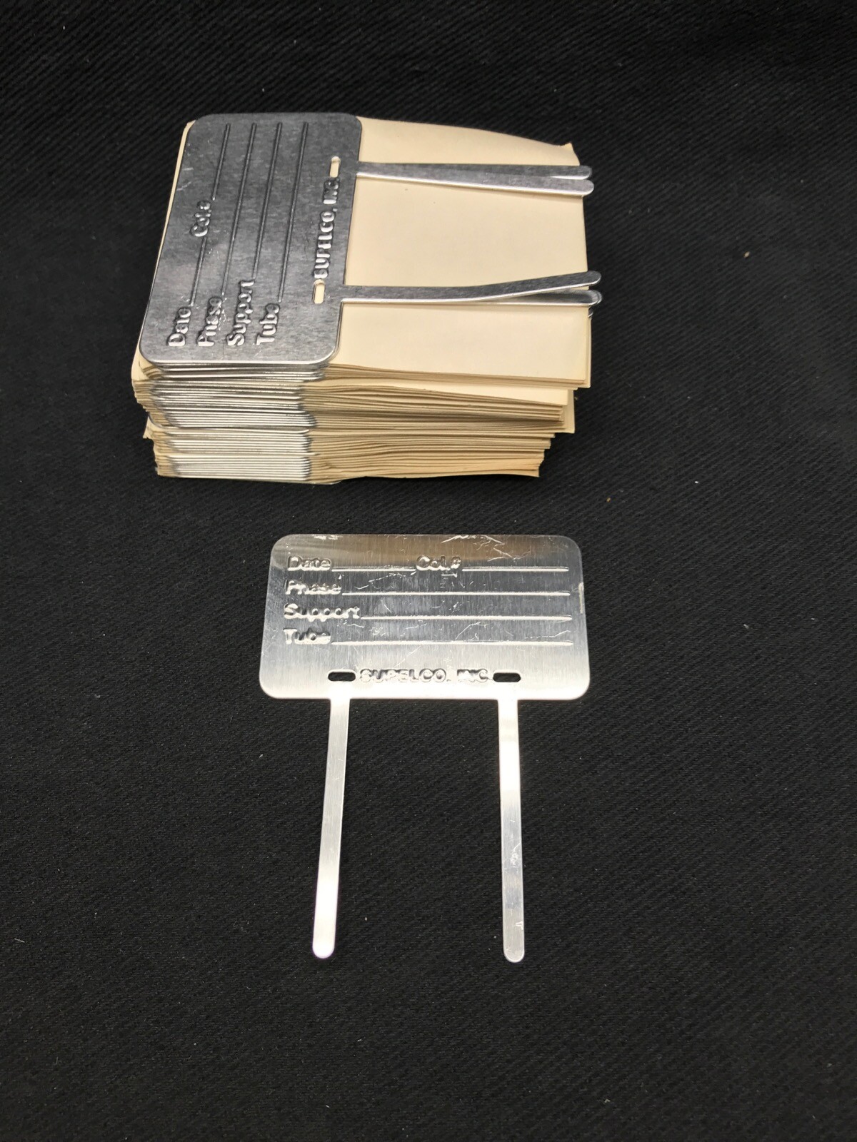 (49) SUPELCO HPLC Aluminum Engraved Column Identification Tags w/ Two Straps