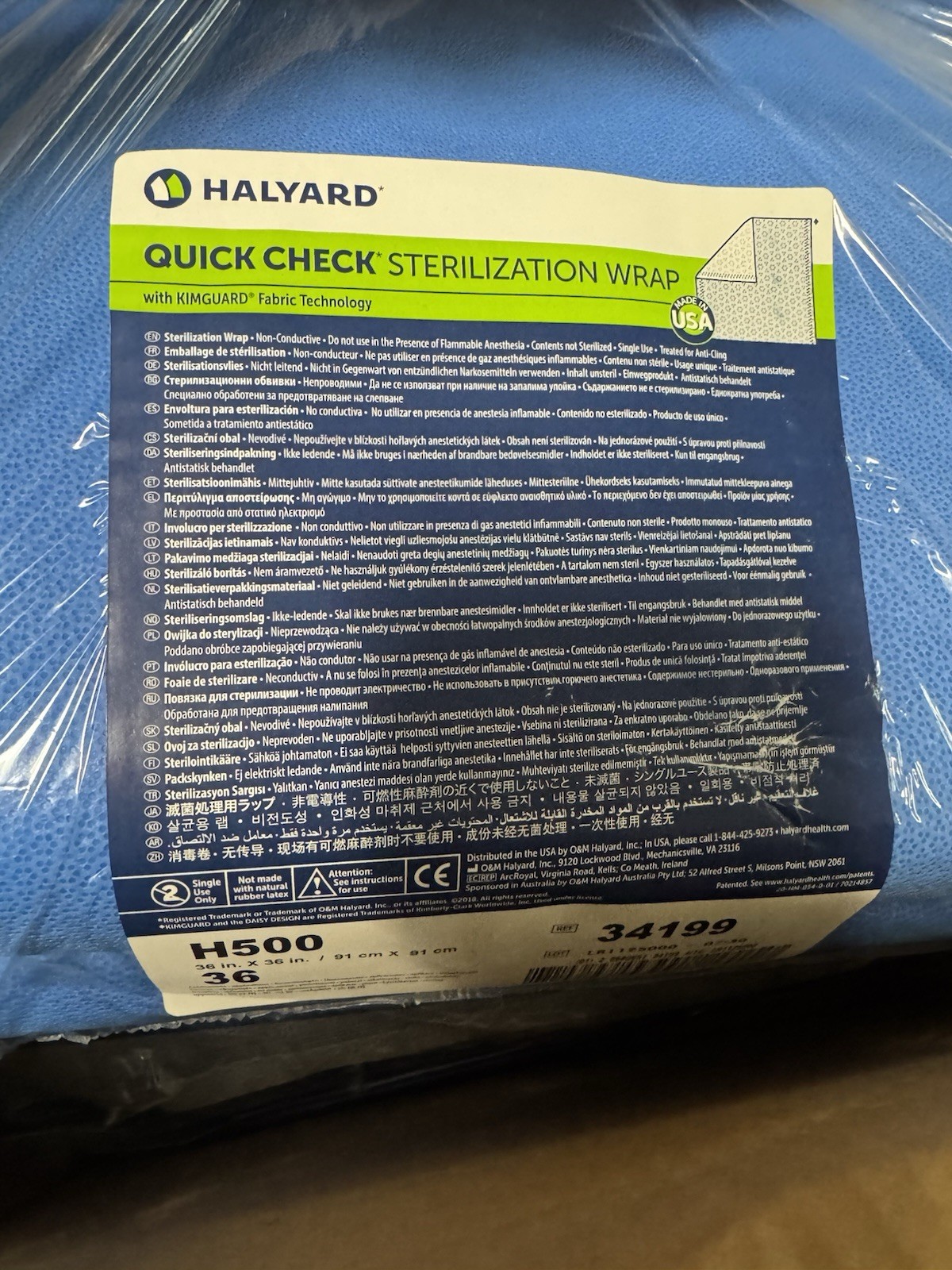 Halyard H500 Sterilization Wrap 36” x 36” Blue Sheets Ref 34199 (72 Pack)