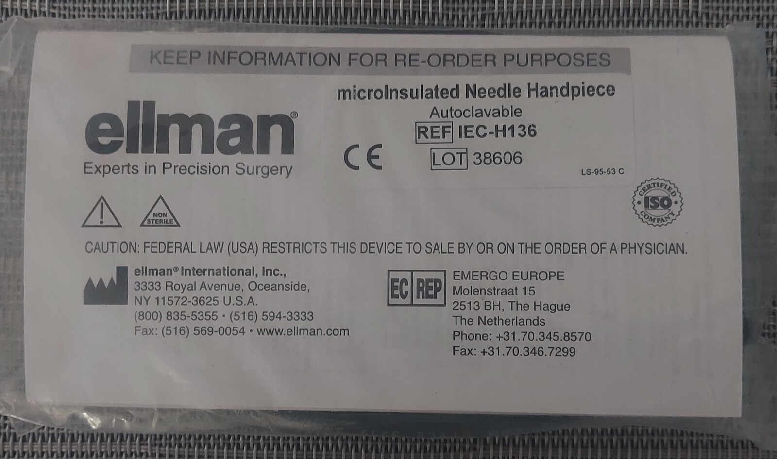 Brand NEW Ellman IEC-H136 – RF Microinsulated Needle Handpiece – Reusable!