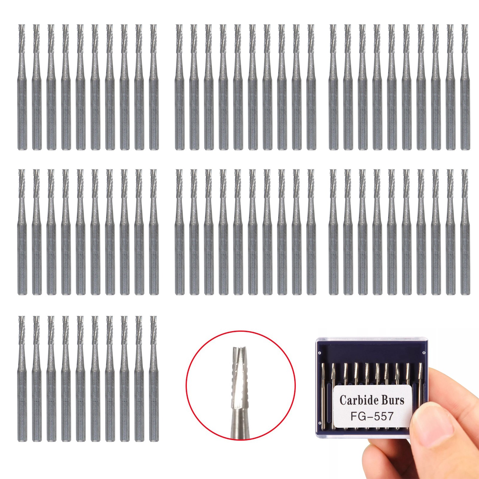 100x FG 557 Carbide Burs – Friction Grip for High-Speed Handpieces, Midwest Type