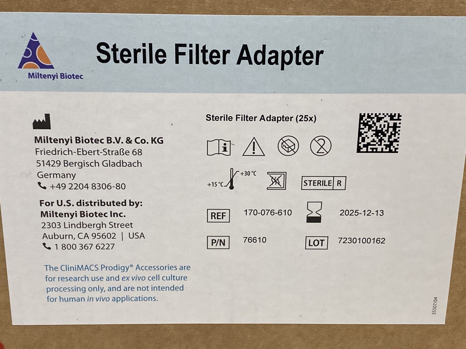 (25/Cs) MILTENYI BIOTEC CliniMACS Prodigy Single-Use Filter Adapters 170-076-610