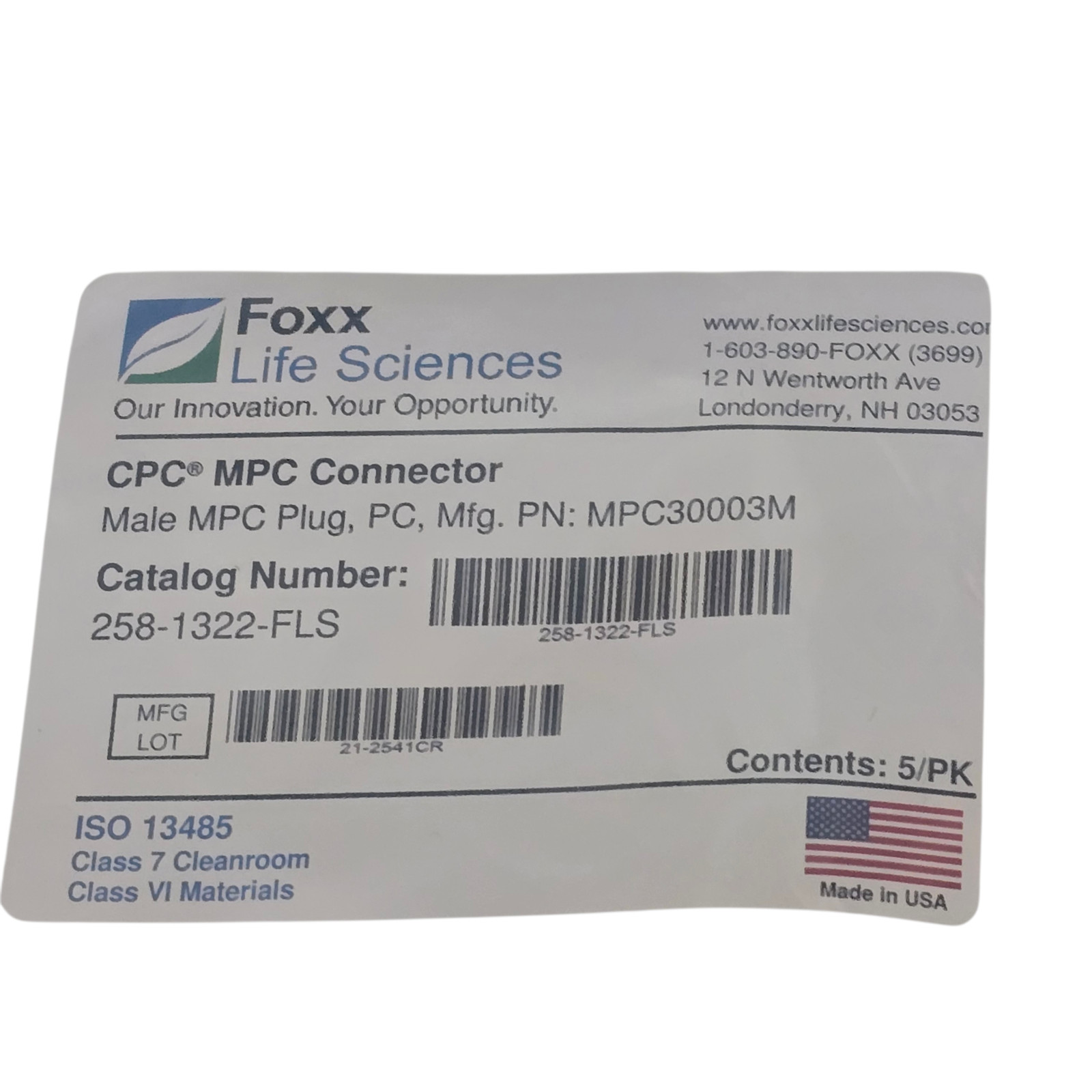Foxx Life Sciences CPC Male Plug Connector 258-1322-FLS 5/PK MPC30003M USA New