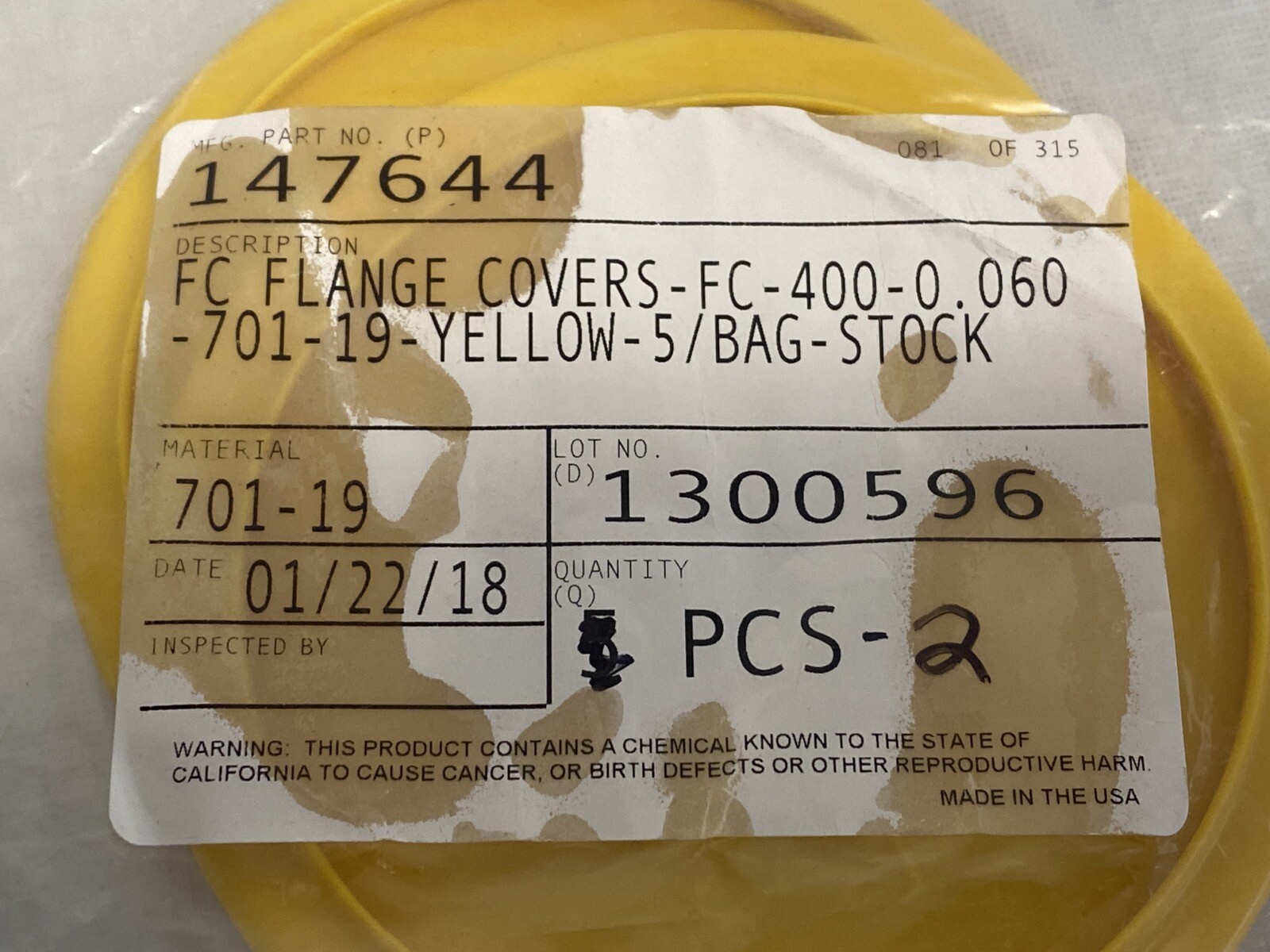 (Lot of 2) FC Flange Covers FC-400-0.060-701-19-YELLOW 4.000″ x 4.690” 147644