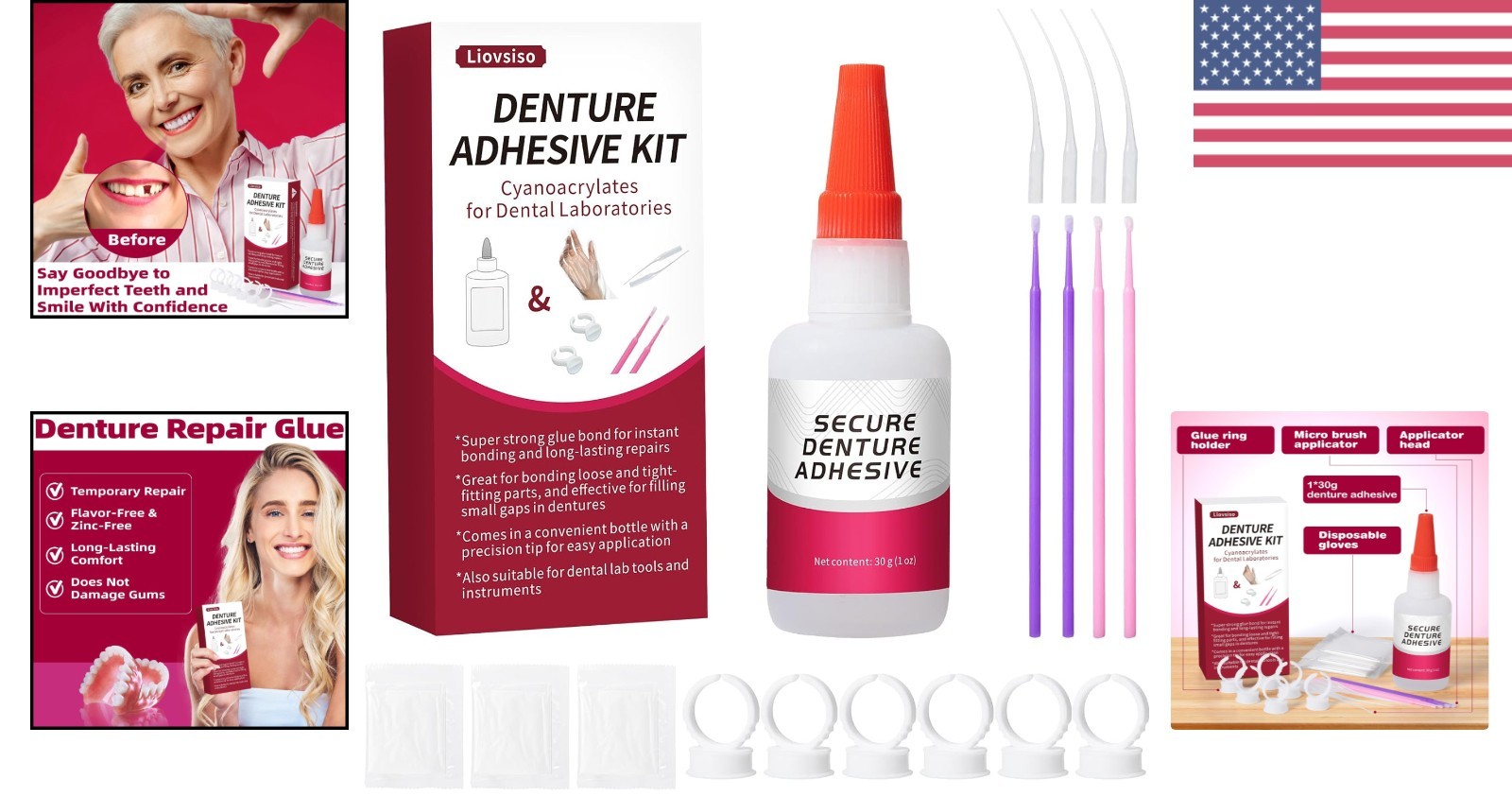 Instant Bonding Dental Glue 1oz for Dentures, Fast Drying, Clear Adhesive