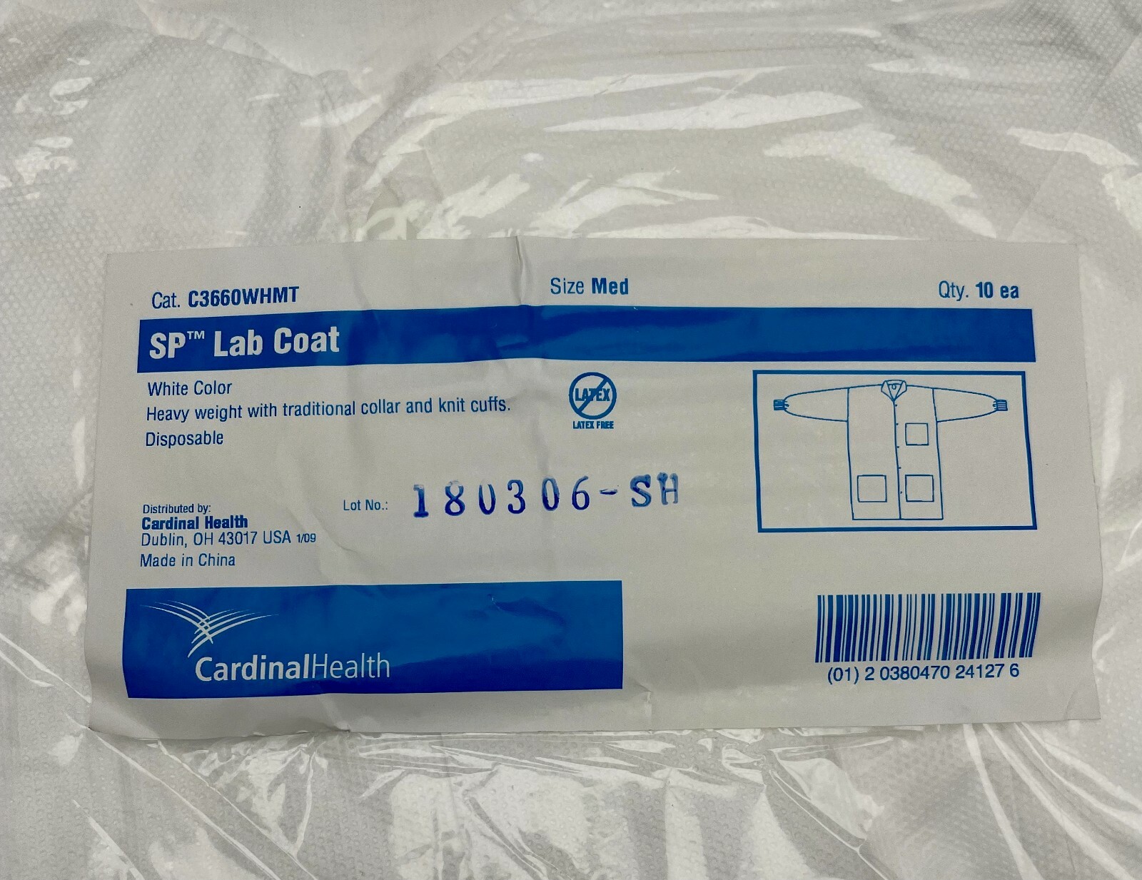 x1 Pack of 10 Cardinal Health White SP Lab Coat Disposable C3660WHMT Size Medium