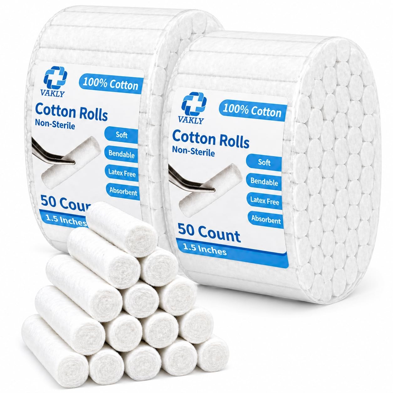 Vakly Dental Cotton Rolls #2 Medium 1.5 in (100 100 Count (Pack of 1), White