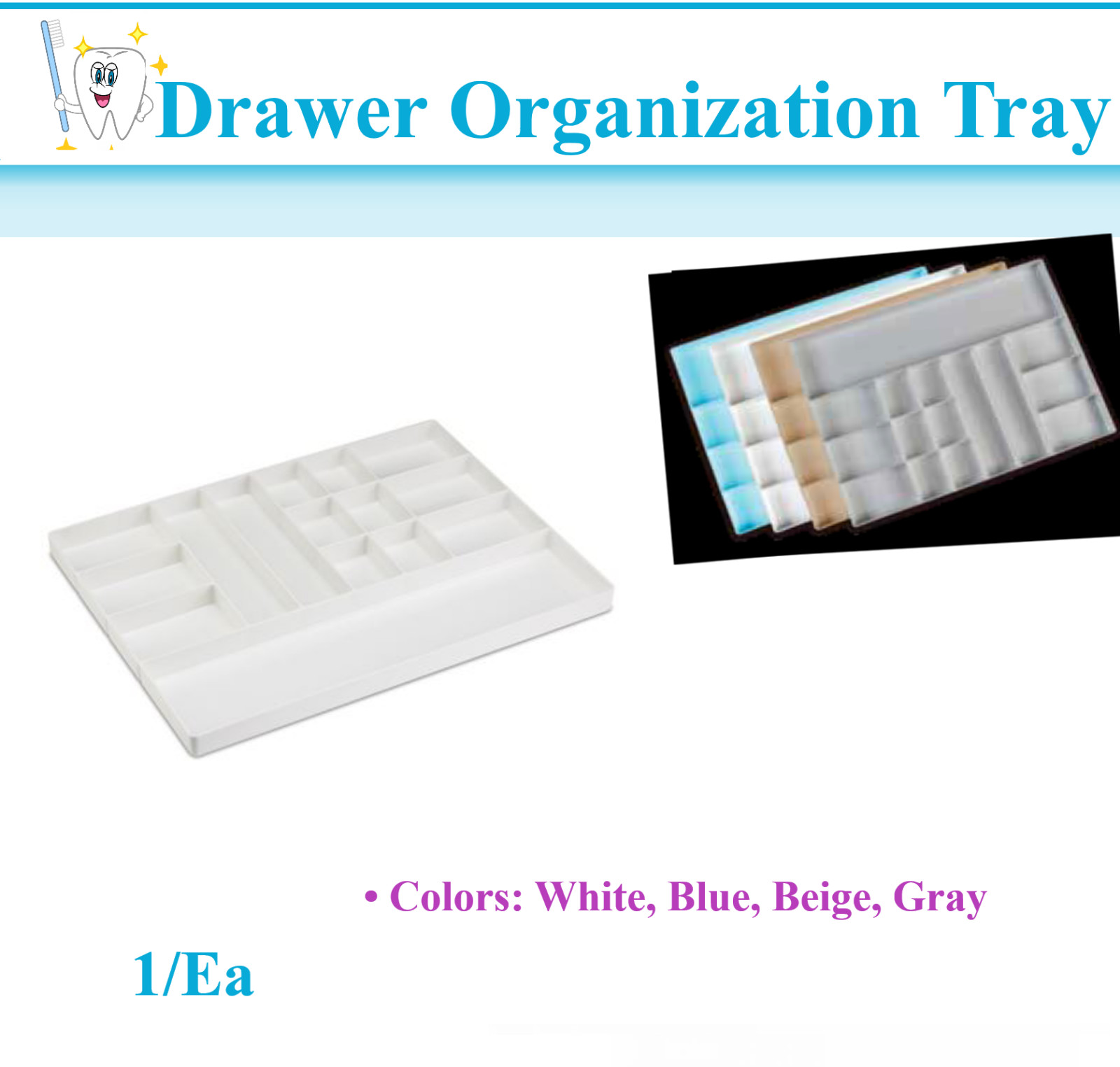 Dental Procedure Cart Drawer Organization Tray – 15 compartments Multi Fit Tray