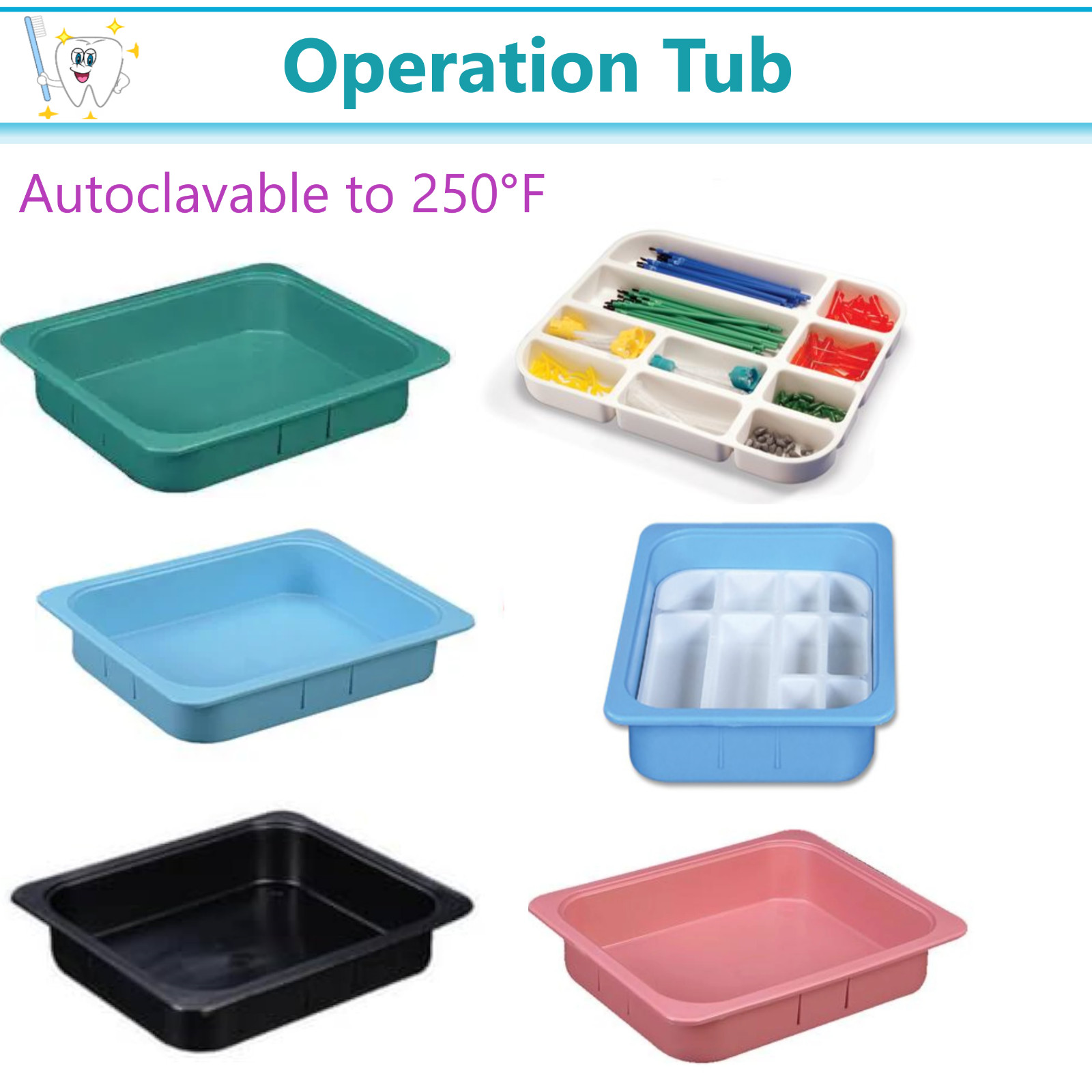 Dental Operation Tub Insert Trays, 11 3/8 x 9¼” x 1⅛” White, Blue, Beige, 4/Pack