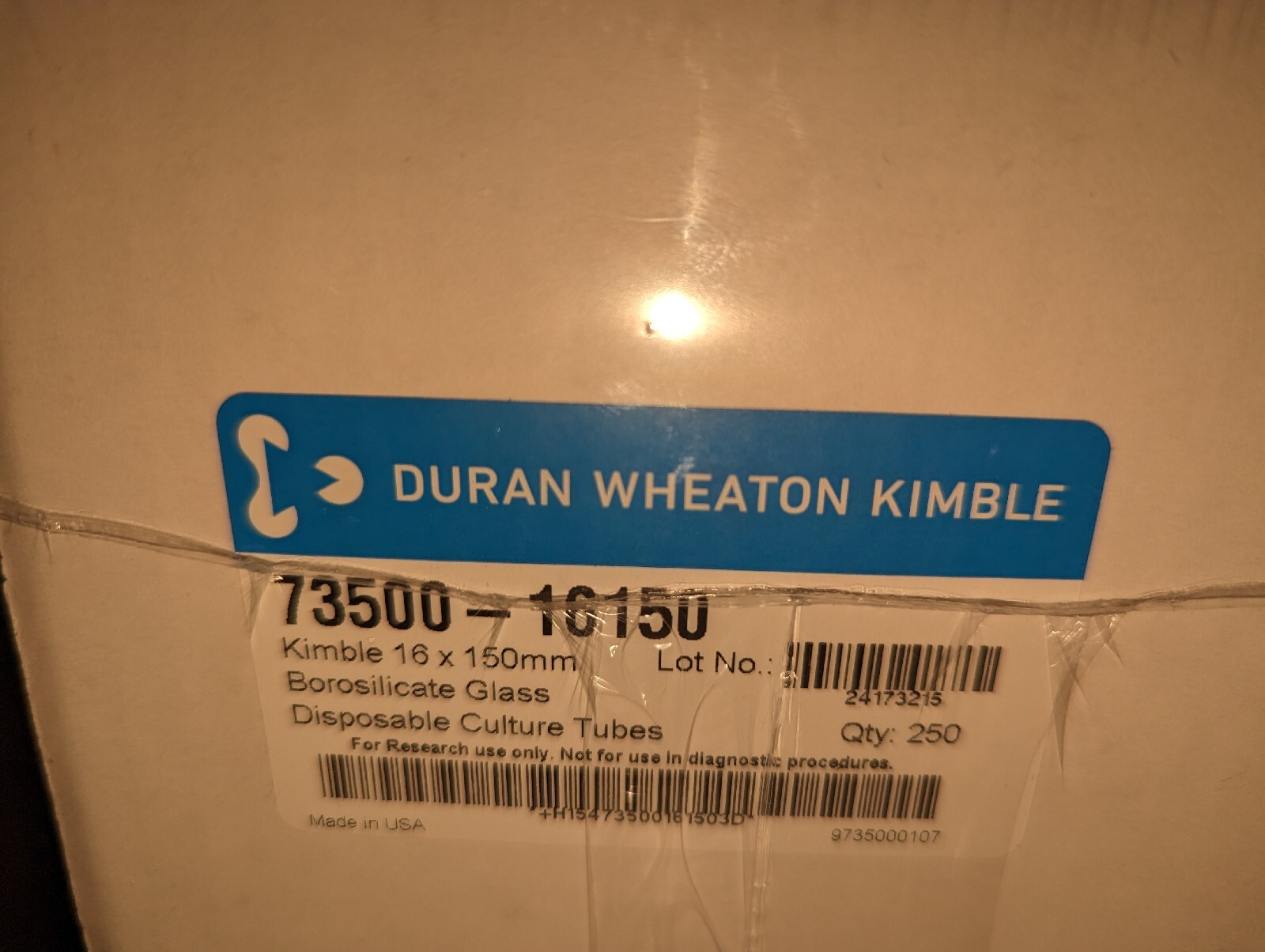 Duran Wheaton Kimble 73500-16150 16x150mm Borosilicate Glass Disposable Culture
