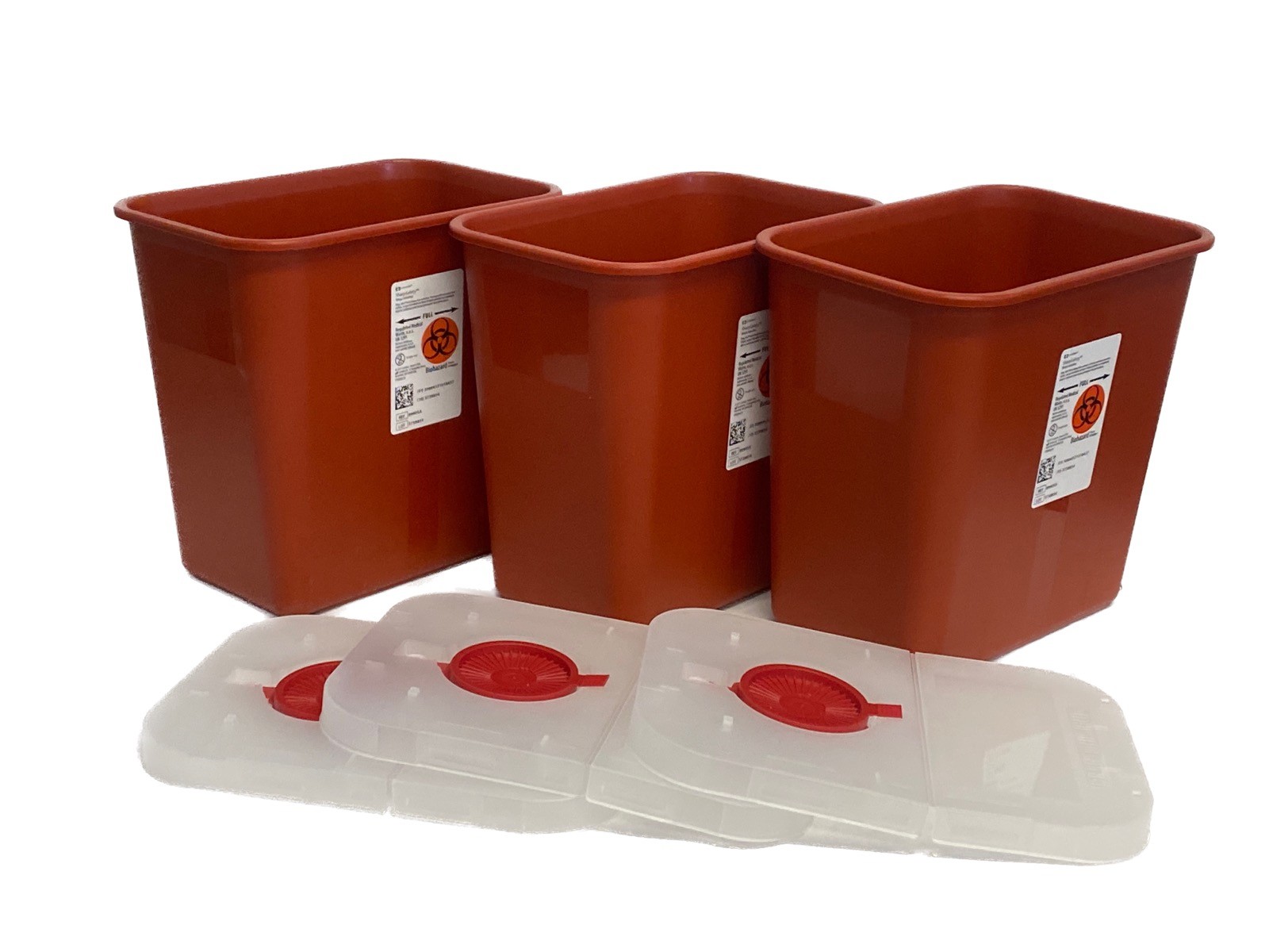 (3) COVIDIEN SharpSafety Red Sharps Containers 2-Gallon w/ Clear Lid 8990SA