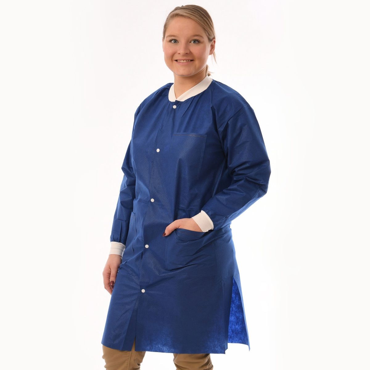 ValuMax 3660TBL ExtraSafe Lab Coats Knee Length True Blue Large 10/Pk