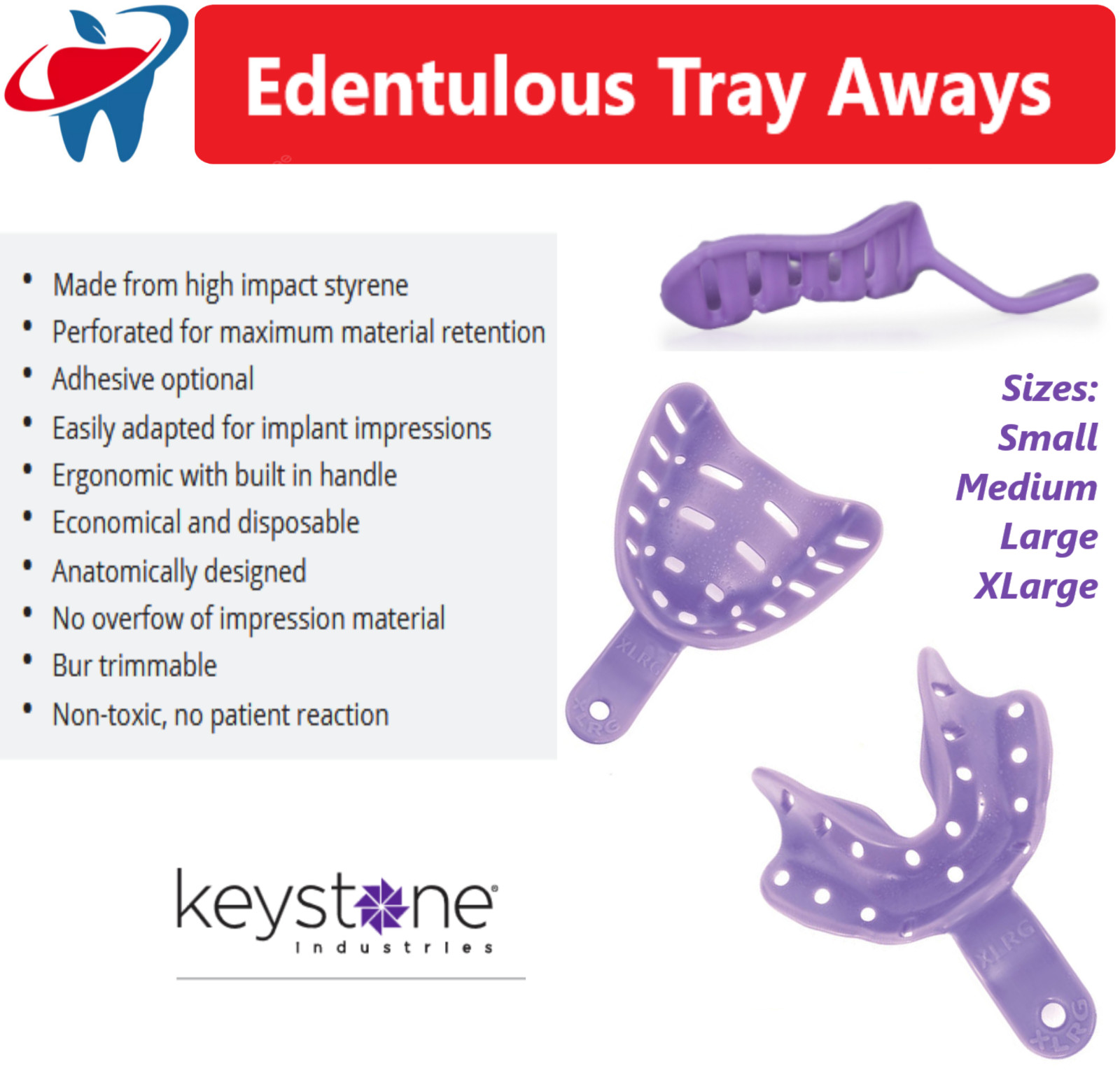 Dental Impression Trays Edentulous TrayAways Perfor Trays, Keystone, Choose Pack