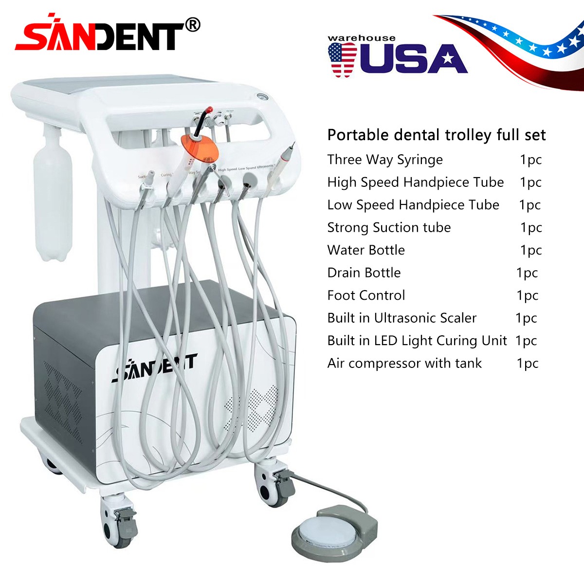4-HOLE Dental Delivery Mobile Cart Unit Equipment w/compressor Scaler Light