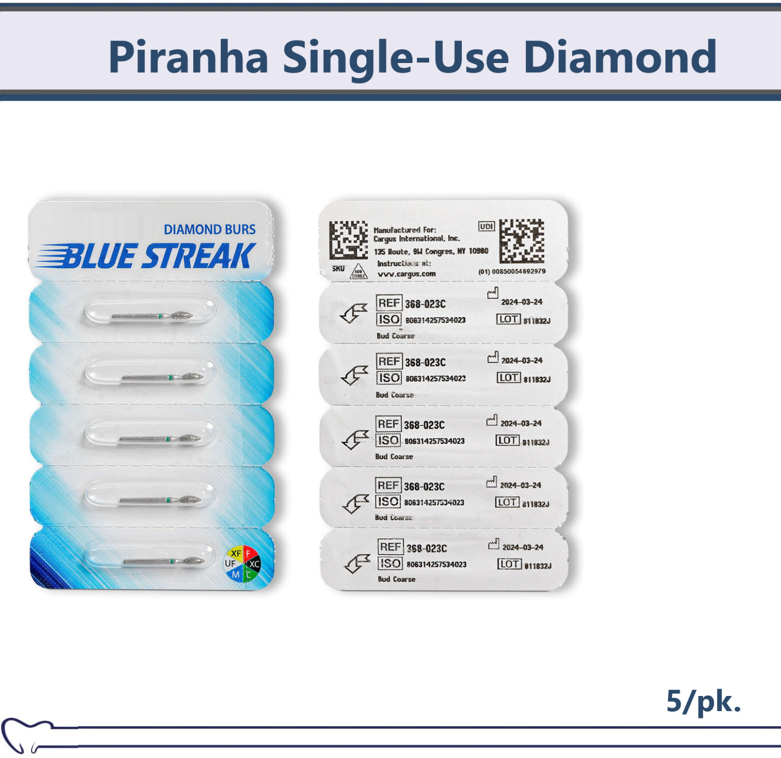 Dental Diamond Bur Round, Piranha Single-Use Diamond Burs Coarse, Medium, 5Pk