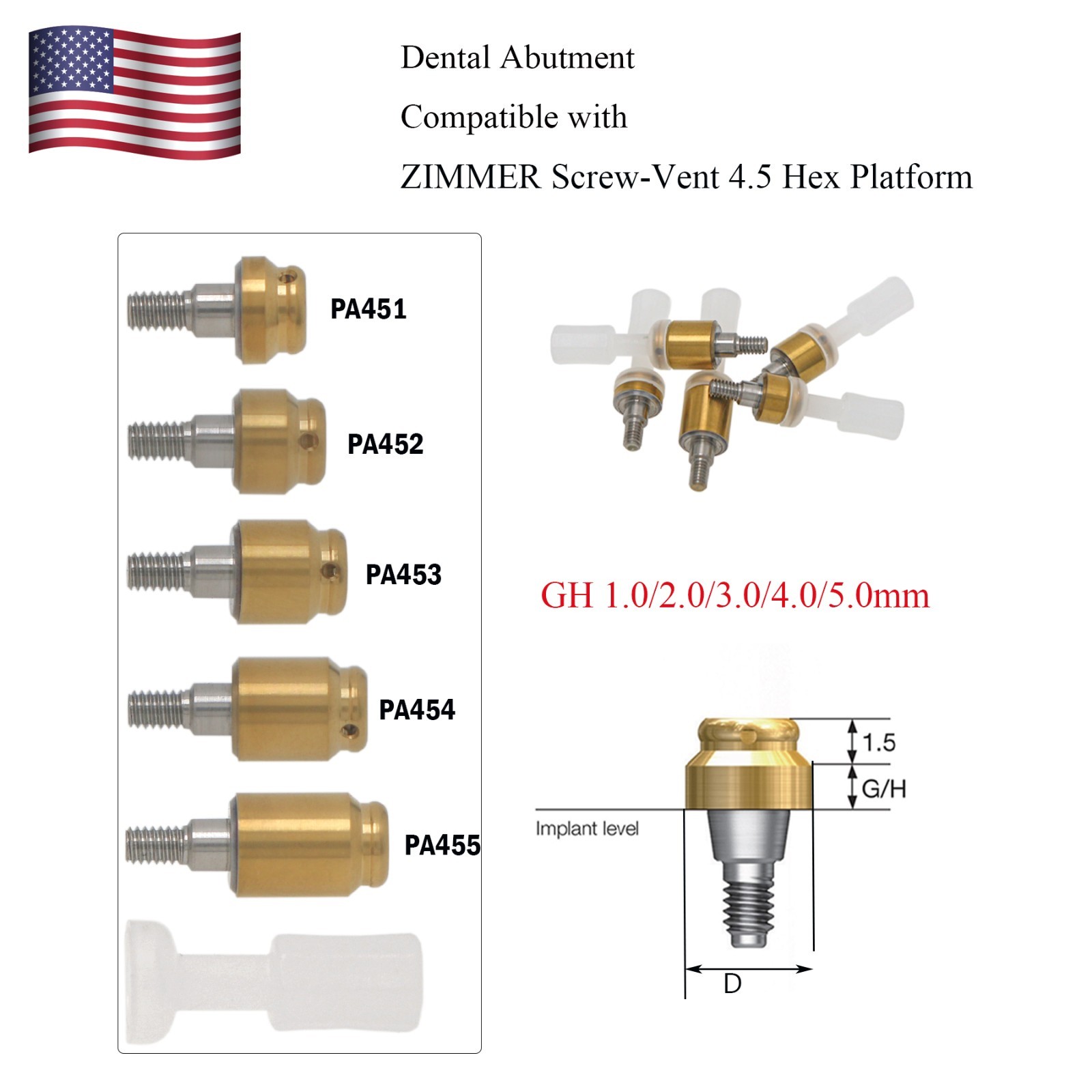 US Locator Overdenture Abutment Fit Zimmer Screw-Vent 4.5mm Male Cap Kit Implant