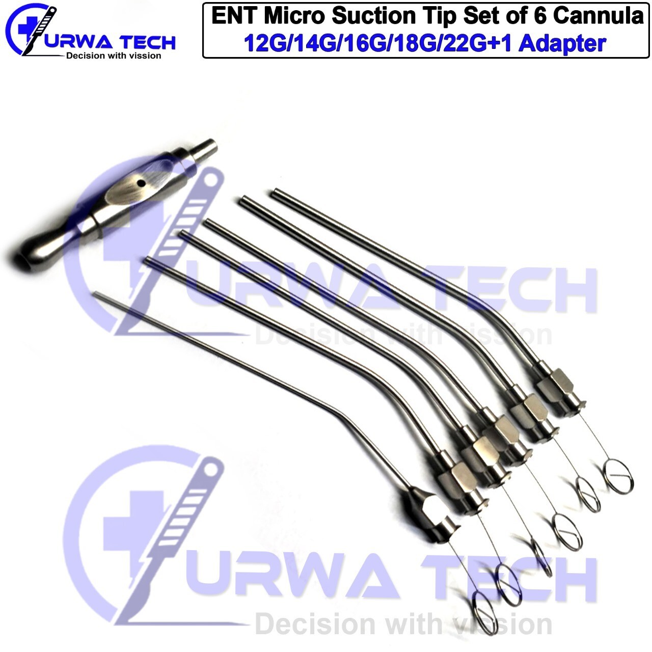 ENT Micro Suction Tip Set of 6 Cannula 12G/14G/16G/18G/20G/22G with Adapter