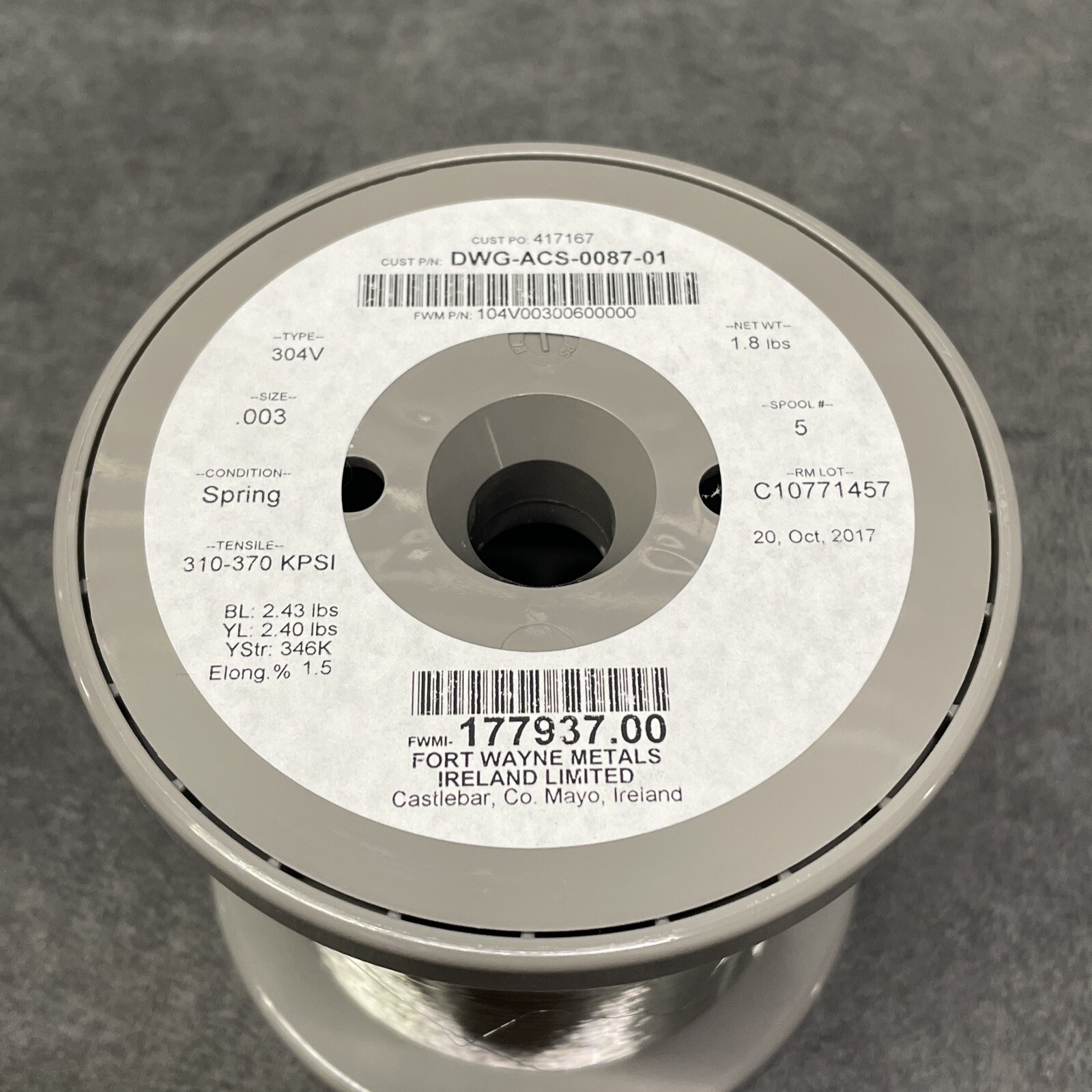 Fort Wayne Metals 304V Stainless Steel Wire 0.003″ 1.8lb, Approx. 55,000 Ft