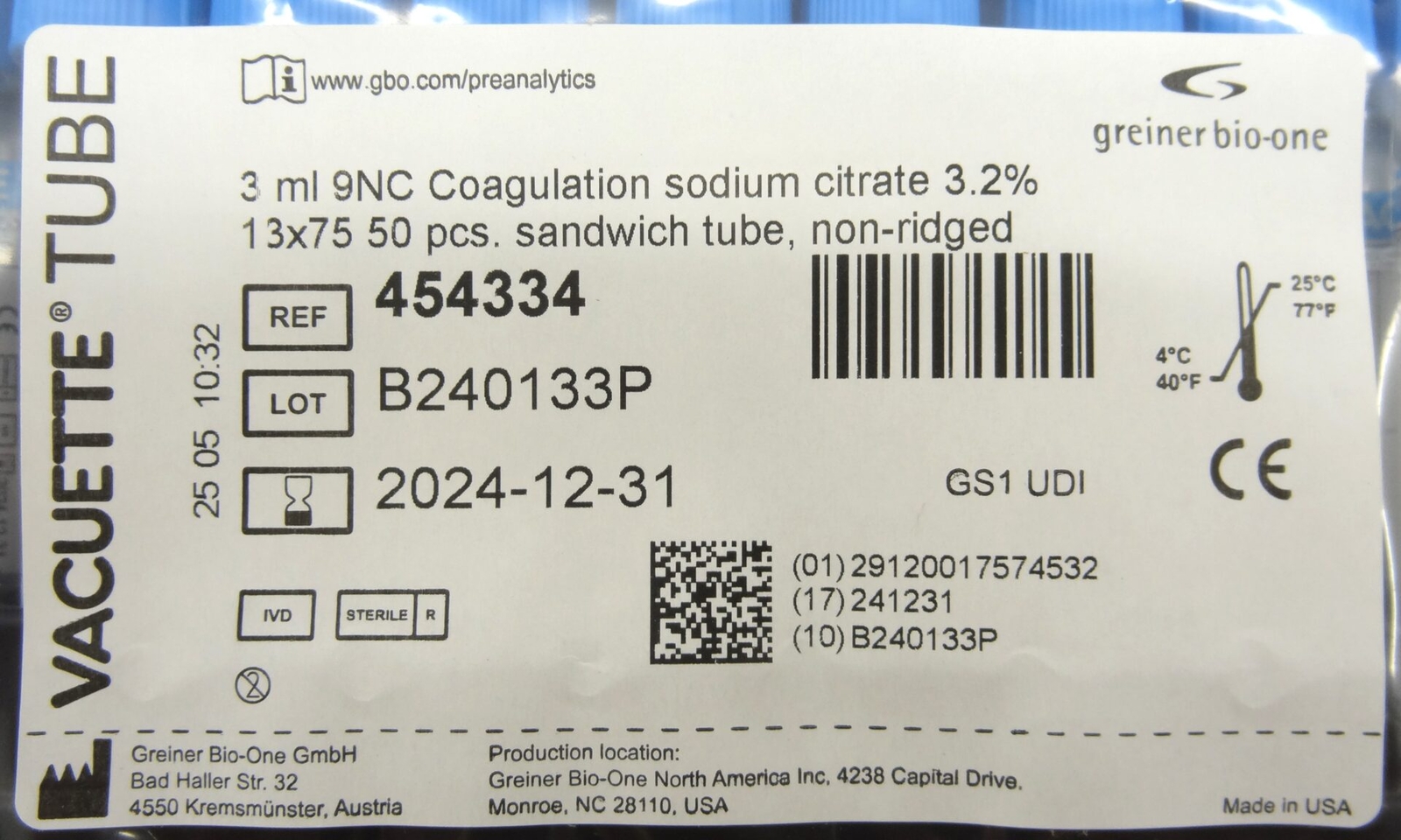 QTY 600 Greiner Bio-One 3 ml 9NC Coag. sodium citrate 3.2% Vacuette Tubes 454334