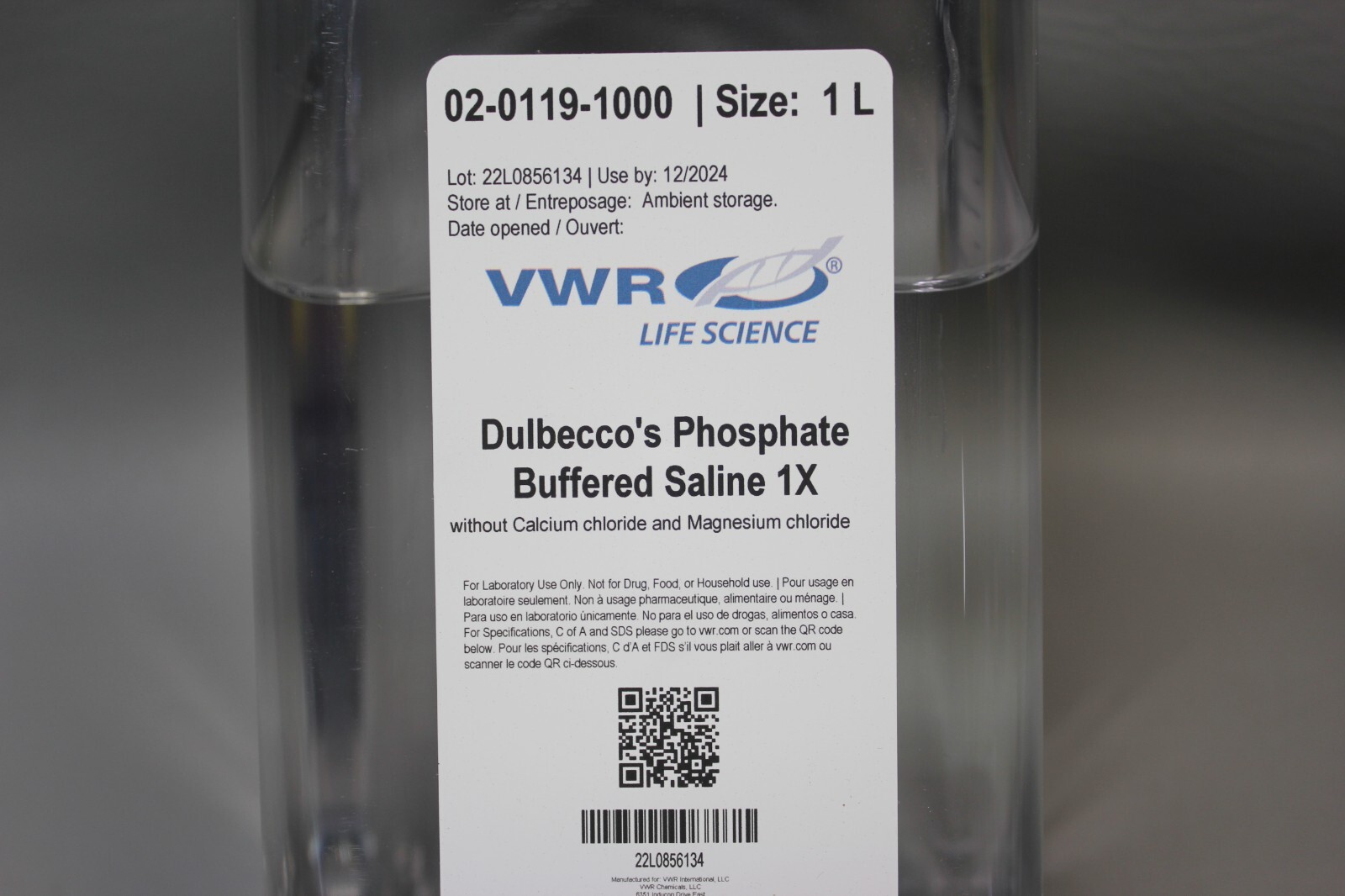 NEW 1L BOTTLE OF VWR DULBECCO’S PHOSPHATE BUFFERED SALINE 1X 02-0119-1000 DPBS