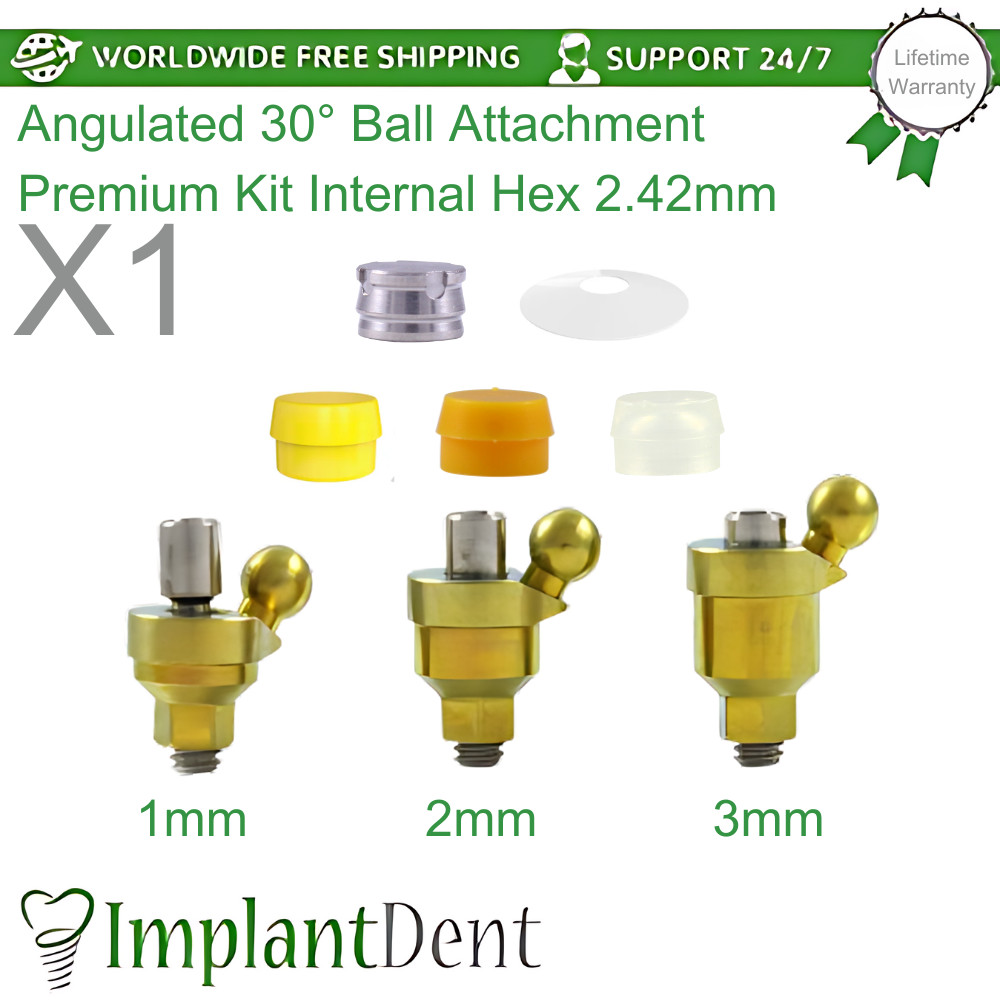 1x Angulated 30° Ball Attachment Premium Kit Dental Int Hex Connection 2.42mm