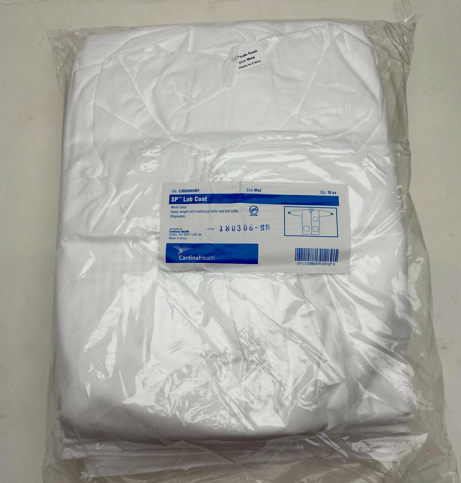 x1 Pack of 10 Cardinal Health White SP Lab Coat Disposable C3660WHMT Size Medium