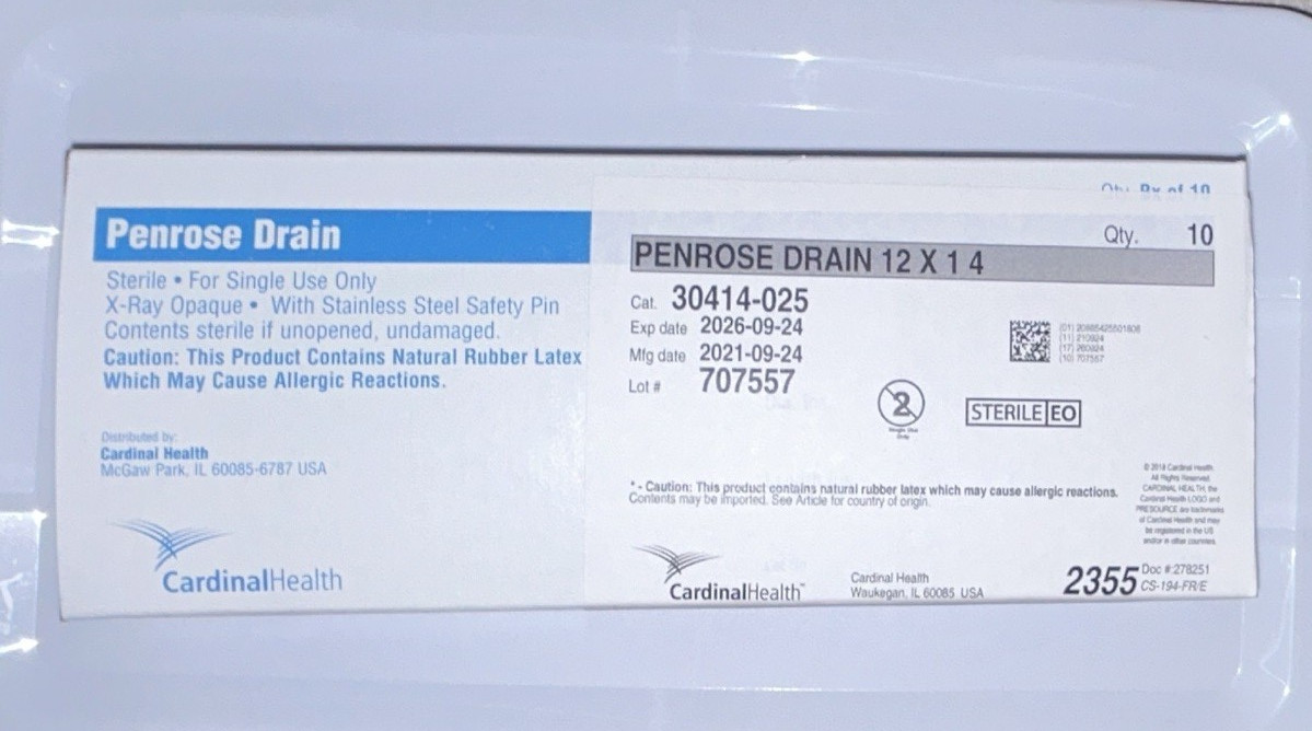 Cardinal Health Penrose Drain Sterile X-Ray Opaque w/ Safety Pin MPN 30414-025