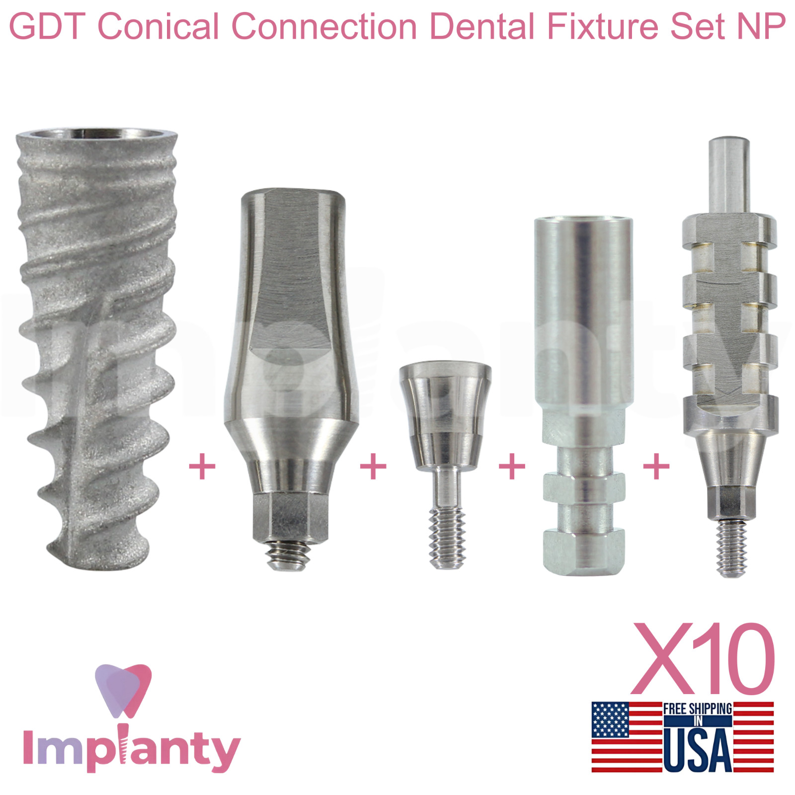 10x GDT Conical Hex 2.25mm Connection Titanium Dental Fixture Set NP Ø3.5mm