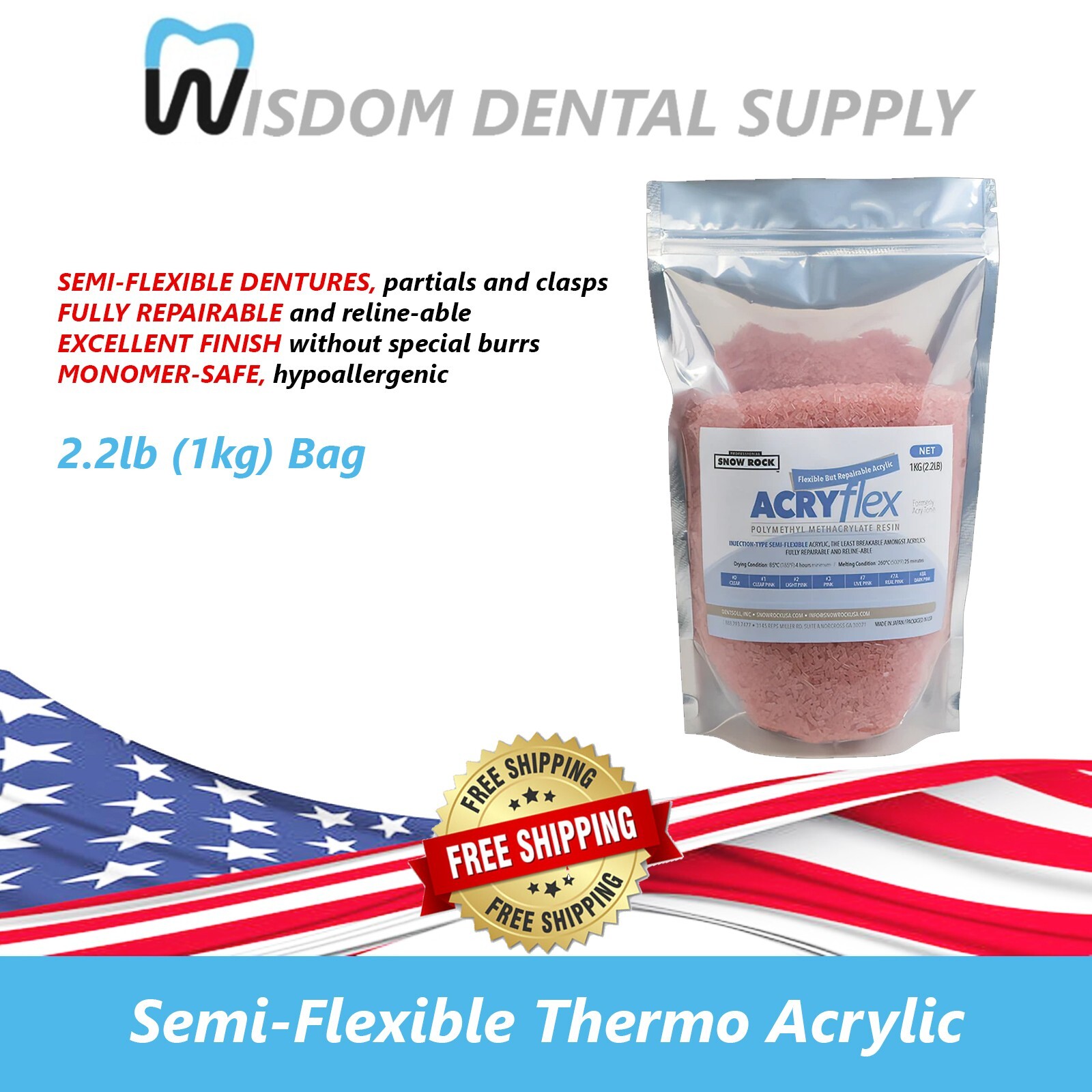 NEW! #7a REAL PINK Semi-Flexible Thermo AcryFlex 2.2lb (1kg) Bag Hypoallergenic