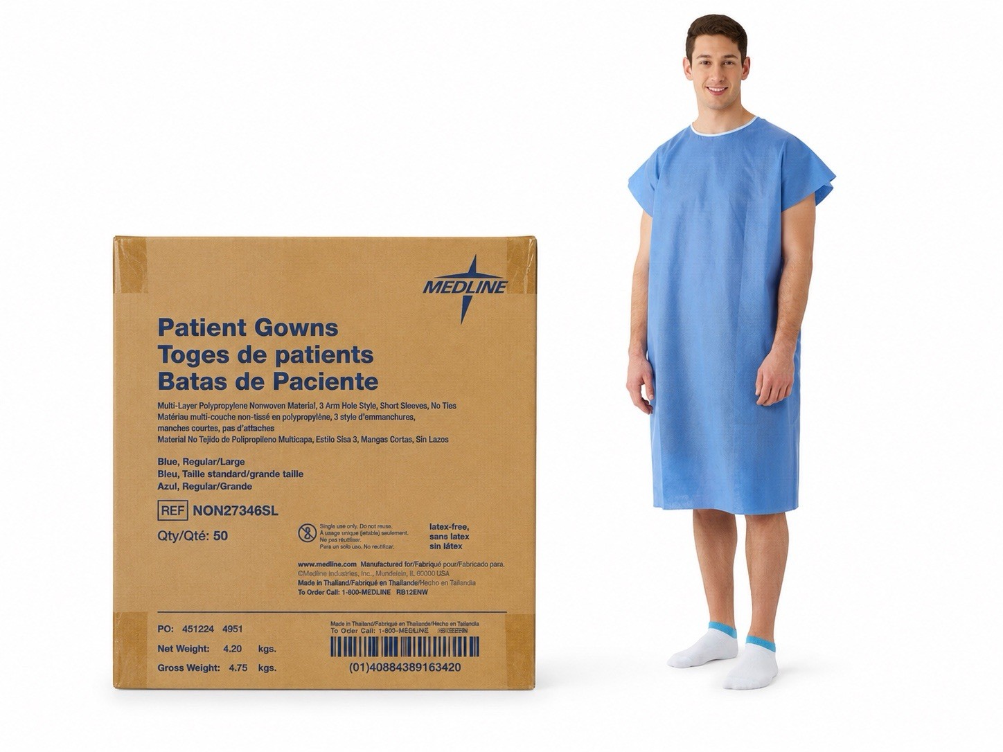 Case of 50 Medline Patient Gowns Blue Regular/Large NON27346SL New Latex-Free