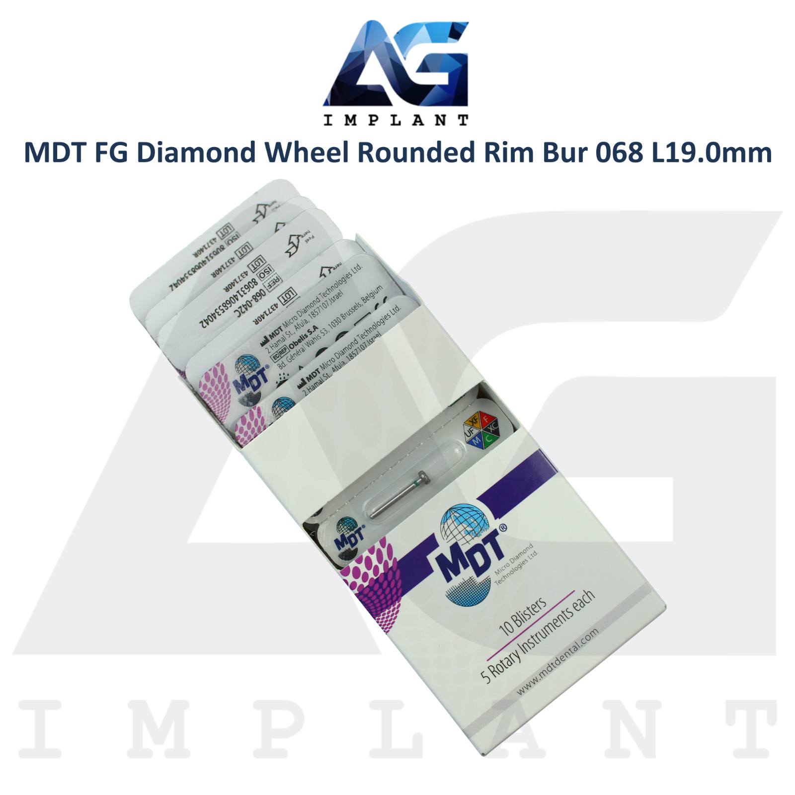 MDT Dental FG Diamond Coated Wheel Rounded Rim Bur 068 L19.0mm Coarse Grit