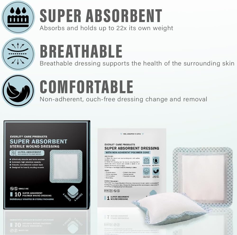 EVERLIT Super Absorbent Dressing for Wound Care | Nonstick 4" x