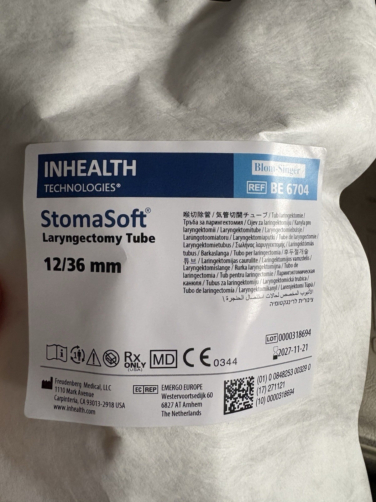 Inhealth Technologies Stoma Laryngectomy Tube blom-singer REF BE 6704 Size 12/36