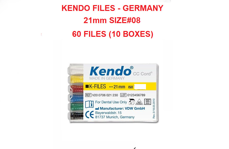 KENDO Dental 21mm Stainless Steel K-files 6-file/box Size#08 Made in Germany