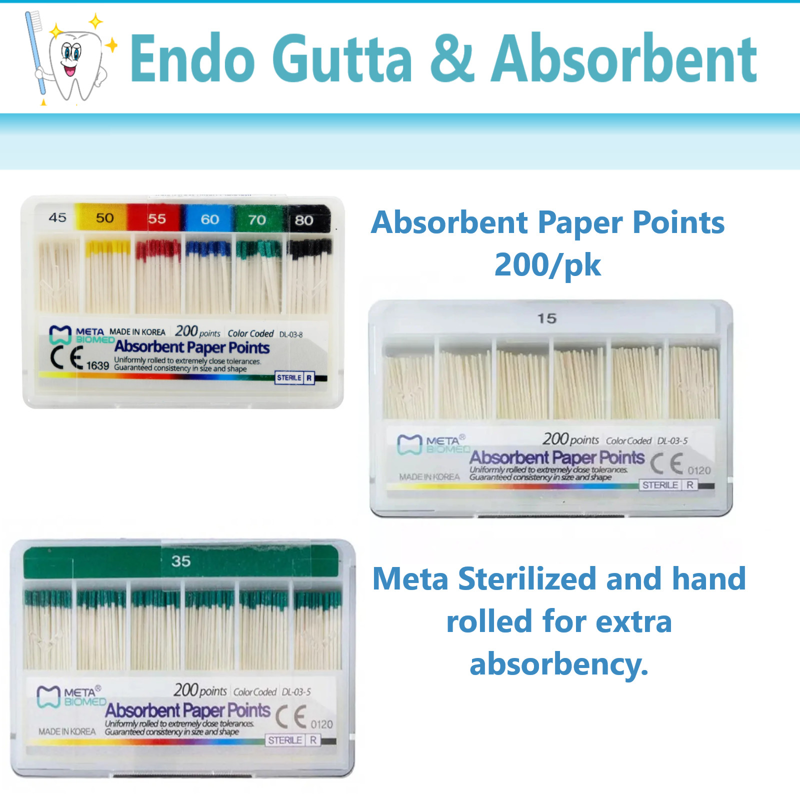 Dental GUTTA PERCHA POINTS /ABSORBENT Paper Points, Standart #10 #25 Meta 200/pk