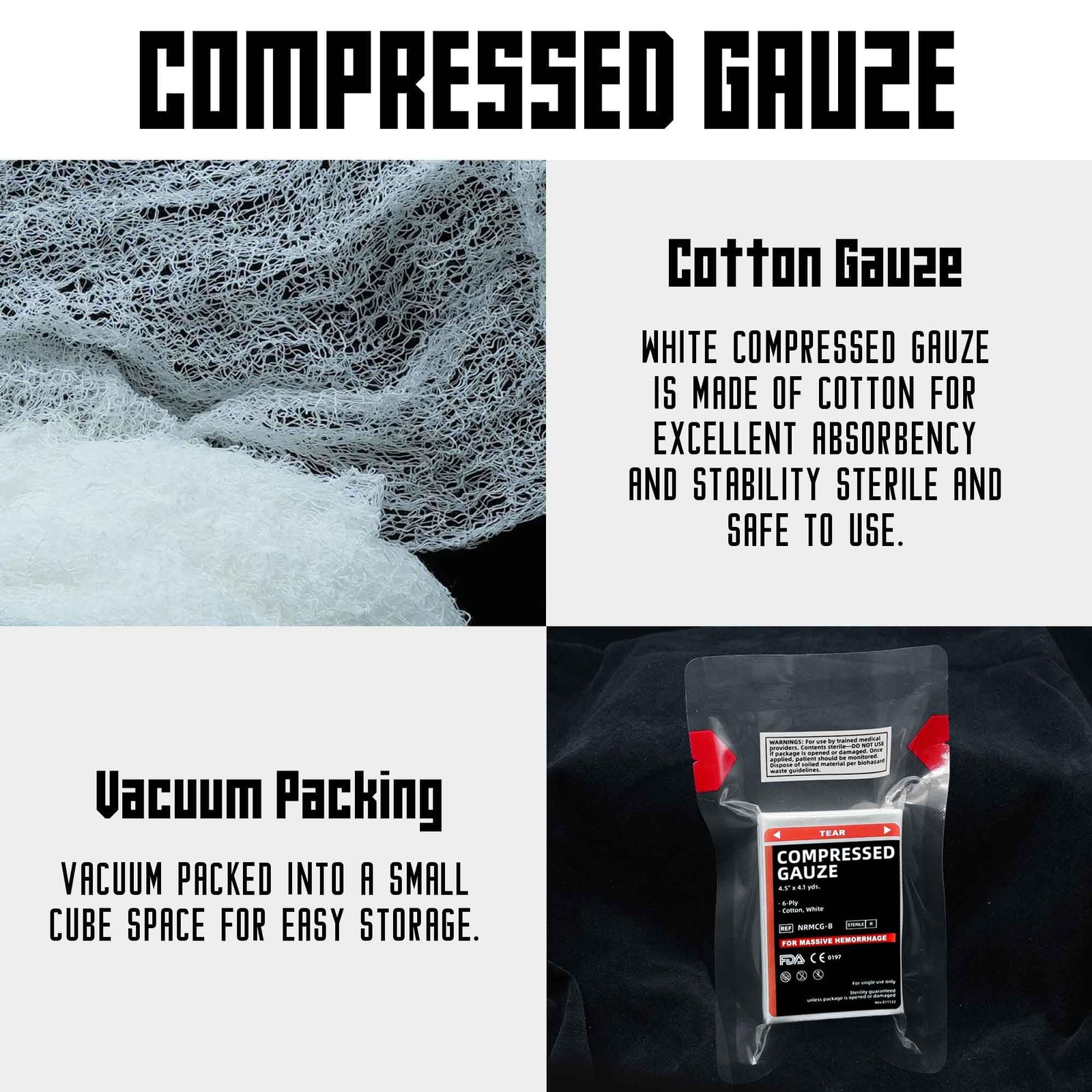 Sterile Compressed Gauze for Wound Packing, Emergency 4.5 x 4.1, White