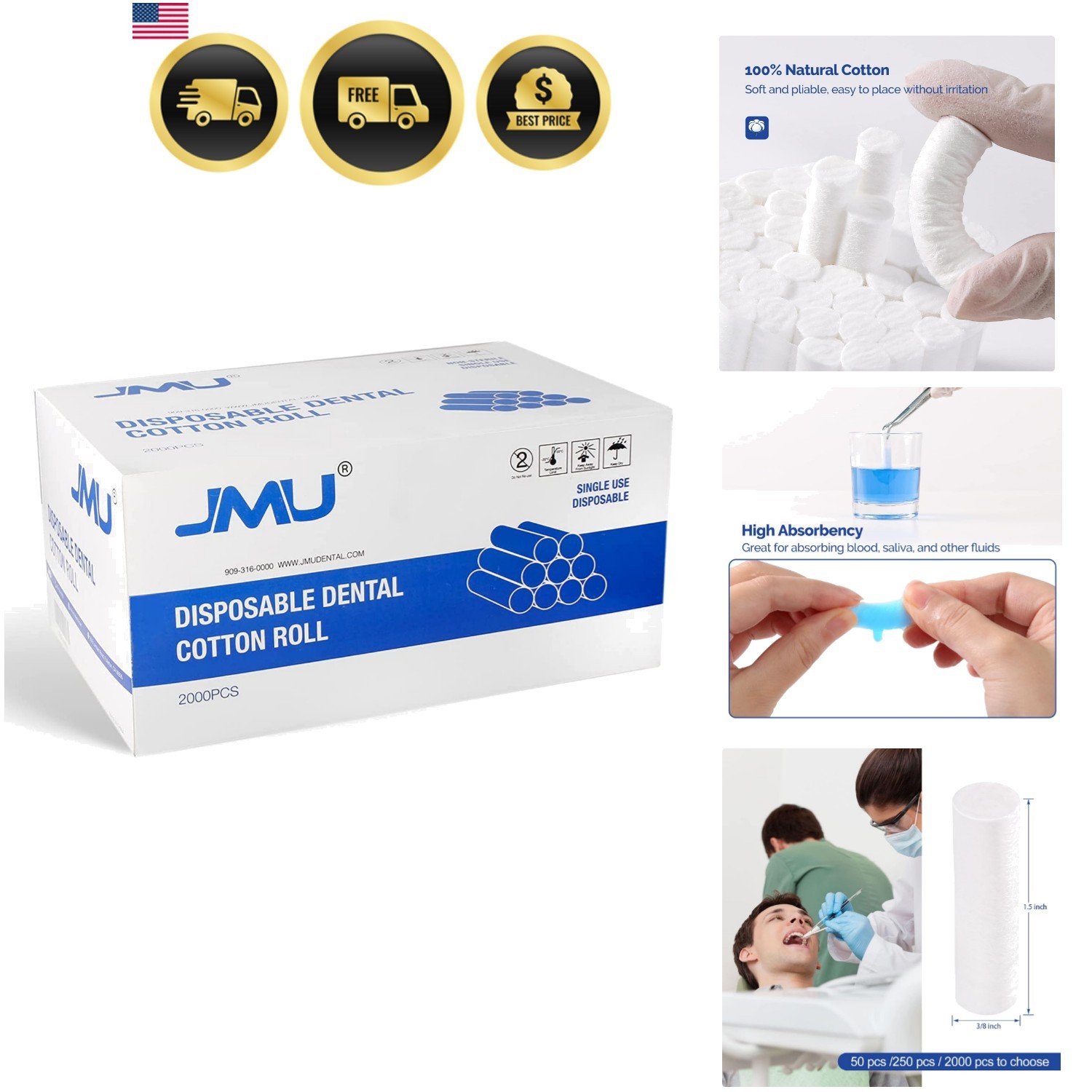 2000 Pcs Dental Cotton Rolls 1.5” Rolled Cotton Non-Sterile High Absorbent C…