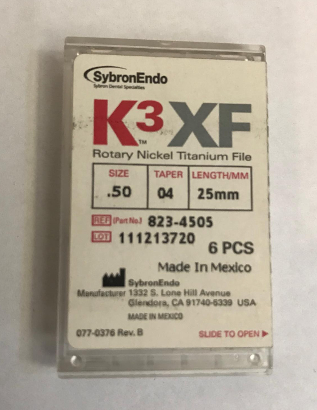SybronEndo K3 XF Nickel Titanium Files .04 Taper 25mm .50 6 Pack 823-4505
