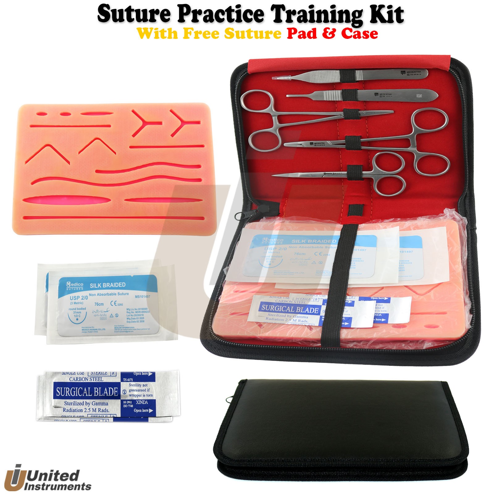 Student Practice Suture Kit Needle Holder Silicone Pad Training Tweezers Scissor