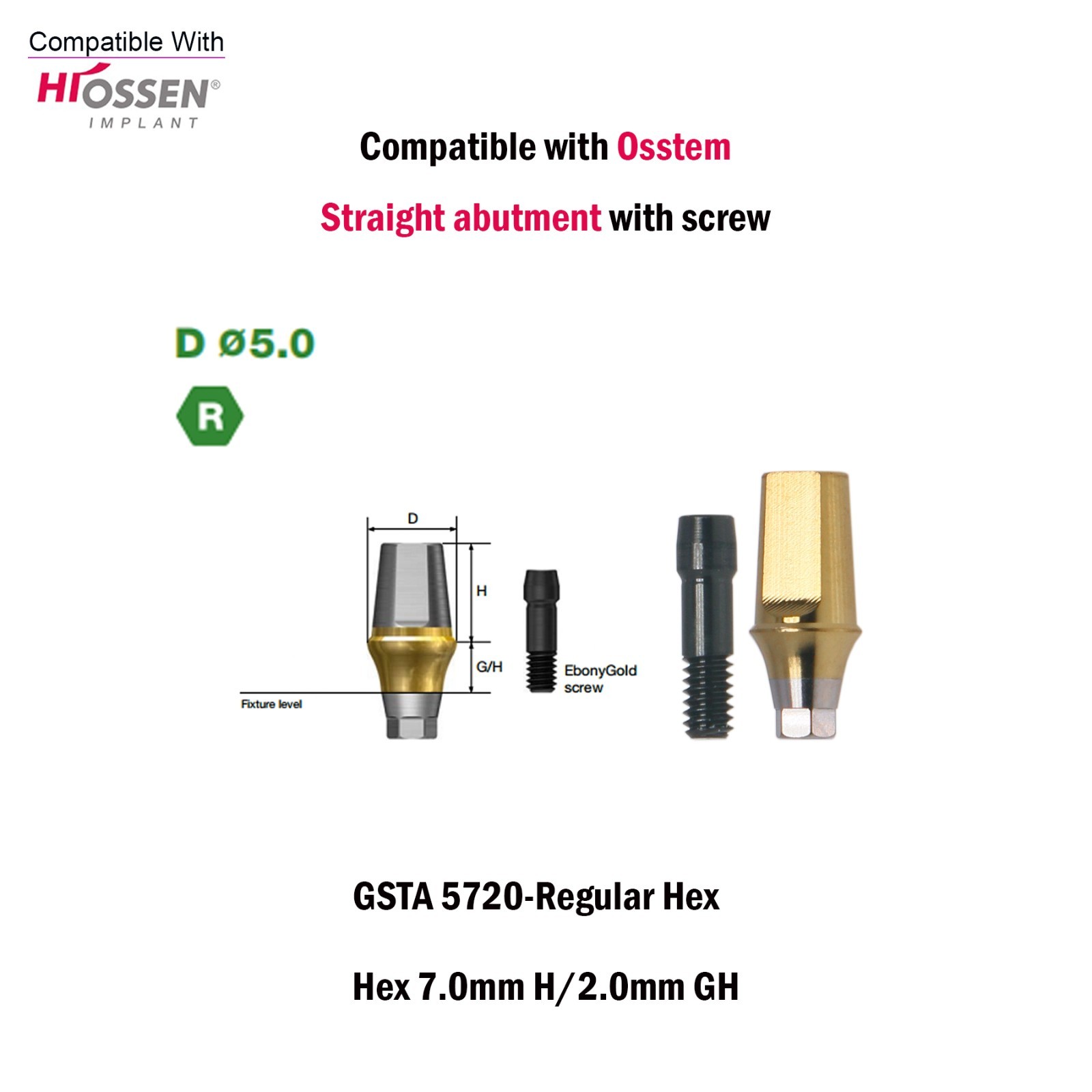 US Regular Straight Transfer Abutment Ø5.0 For Osstem Hiossen Hex 7.0mm Implants